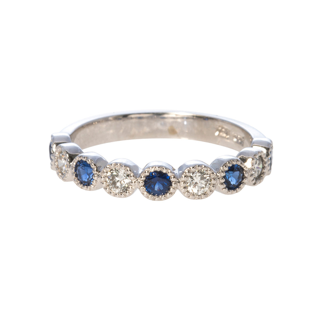 14K White Gold Sapphire & Diamond Bezel Milgrain Halfway Wedding Band - Elegant Bridal Jewelry for Engagement, Anniversary & Special Occasions
