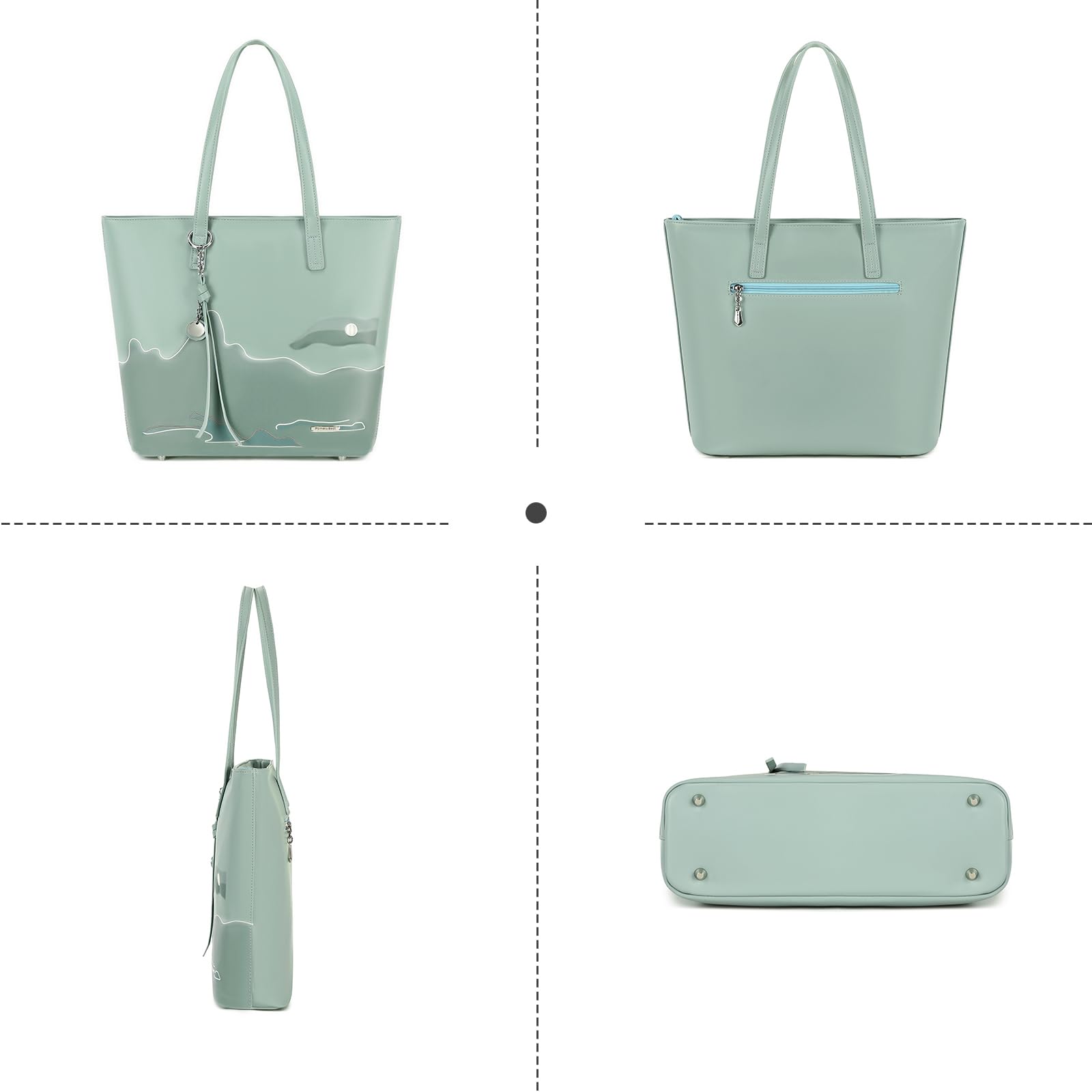 Premium PU Leather Tote Bags for Women - Large Zippered Handbags with Shoulder Strap, Light Green Chinese Landscape Print, Stylish Work & Everyday Purse | Perfect for Office, Commuting, Shopping & Travel