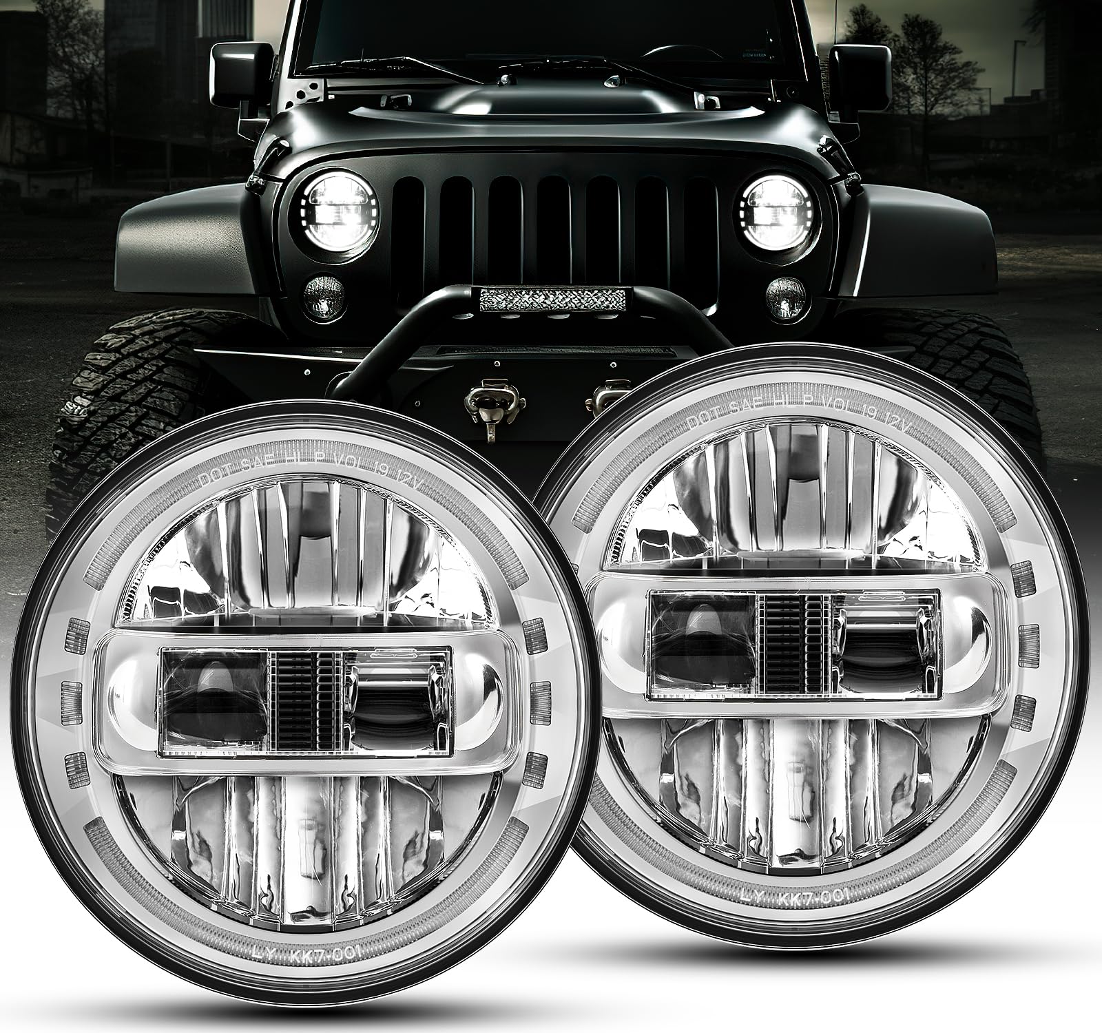 AUDEXEN 7 Inch Chrome Headlights with 4 Inch Fog Lights - High-Performance LED Off-Road Lighting for Trucks, Jeeps & SUVs