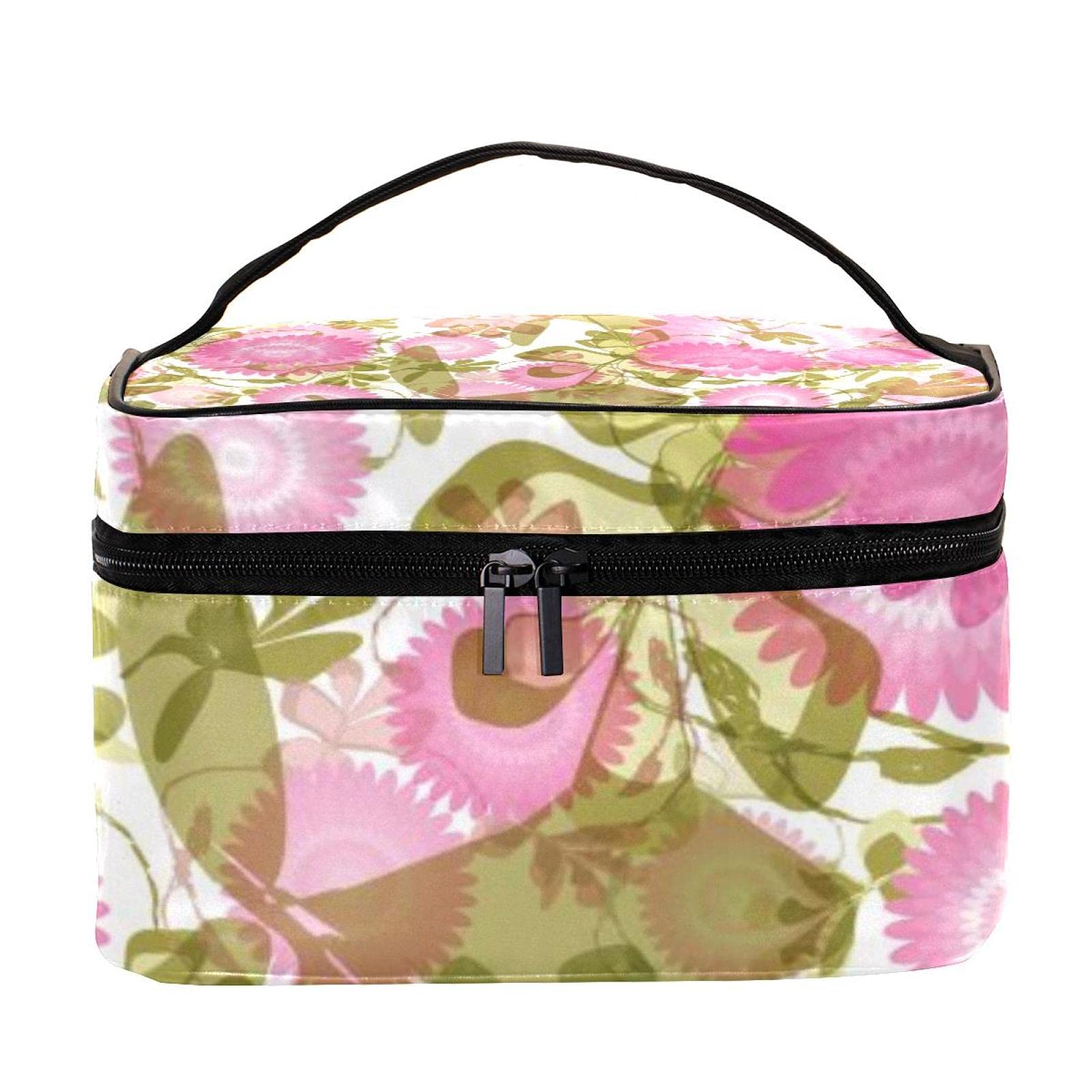 Abstract Pink Flowers & Green Leaves Large Travel Makeup Bag - Waterproof Cosmetic Organizer Case with Zipper for Women & Girls | Perfect for Vacation, Gym, Beach Trips & Daily Essentials Storage
