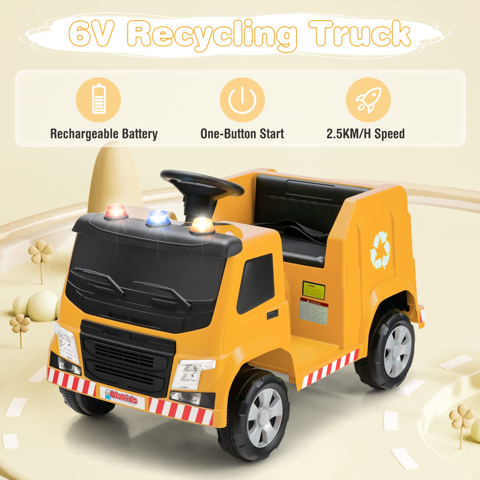 OLAKIDS 6V Electric Ride-On Garbage Truck Toy for Kids - Battery Powered Recycling Truck with Music, Horn & Warning Lights - Includes Recycling Accessories - Yellow Toddler Toy for Boys & Girls - Perfect for Pretend Play, Outdoor Fun & Learning About Recycling
