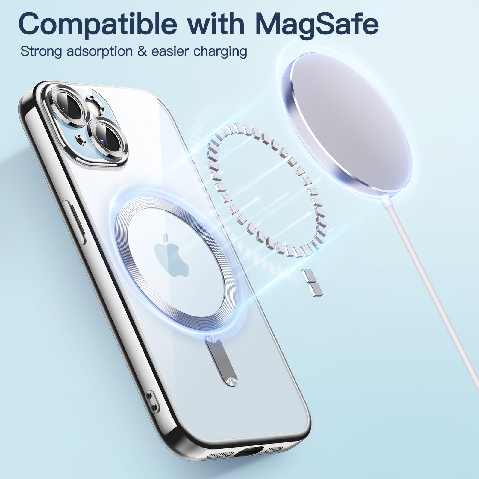 JETech Ultra-Thin Clear Case for iPhone 15 Plus 6.7-Inch | Military-Grade Shockproof Protection | MagSafe Compatible Wireless Charging | Anti-Yellowing TPU Cover with Camera Protection (Silver) - Perfect for Daily Use, Travel & Outdoor Activities