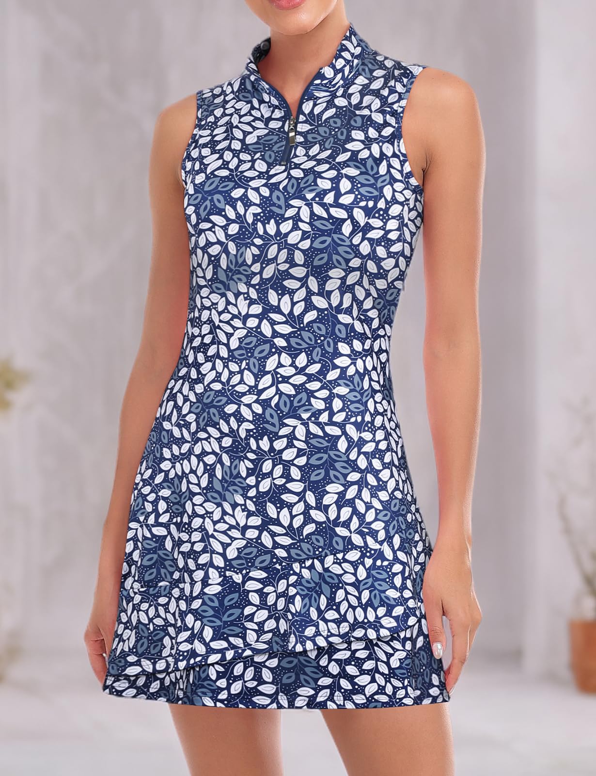Viracy Women's Sleeveless Tennis Dress with Built-in Shorts & Pockets - Ruffle Zip-Up Stand Collar Golf Outfit for Tennis, Golf & Casual Wear