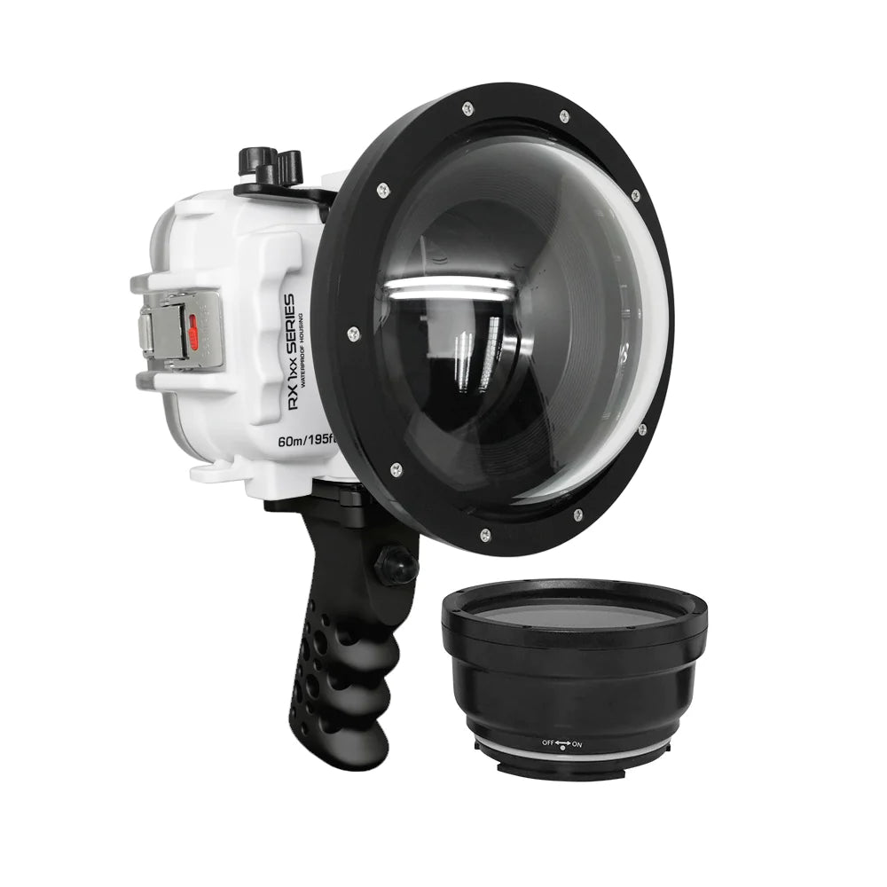 Waterproof Housing for Sony RX1xx Series - 60M/195FT Depth Rating, Aluminum Pistol Grip & 6 Dry Dome Port - Ideal for Surf Photography (White)