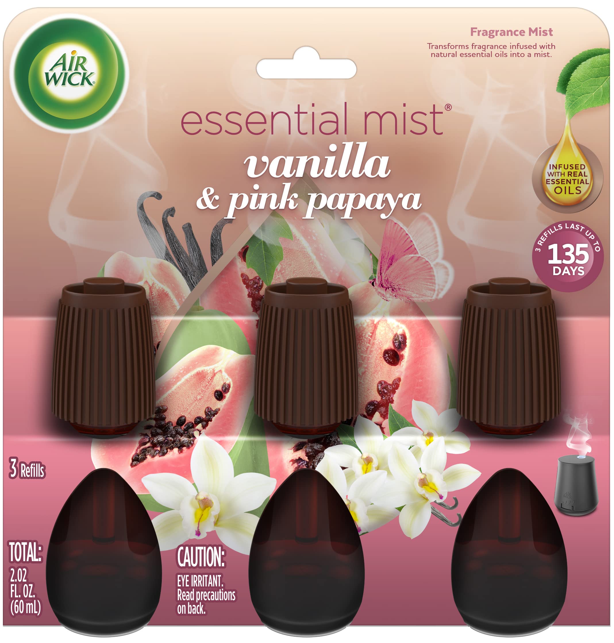 Air Wick Essential Mist Refill - 3 Pack Vanilla & Pink Papaya Scent - Aromatherapy Essential Oil Diffuser for Home & Office - Long-Lasting Air Freshener for Living Room, Bedroom, Bathroom & Car