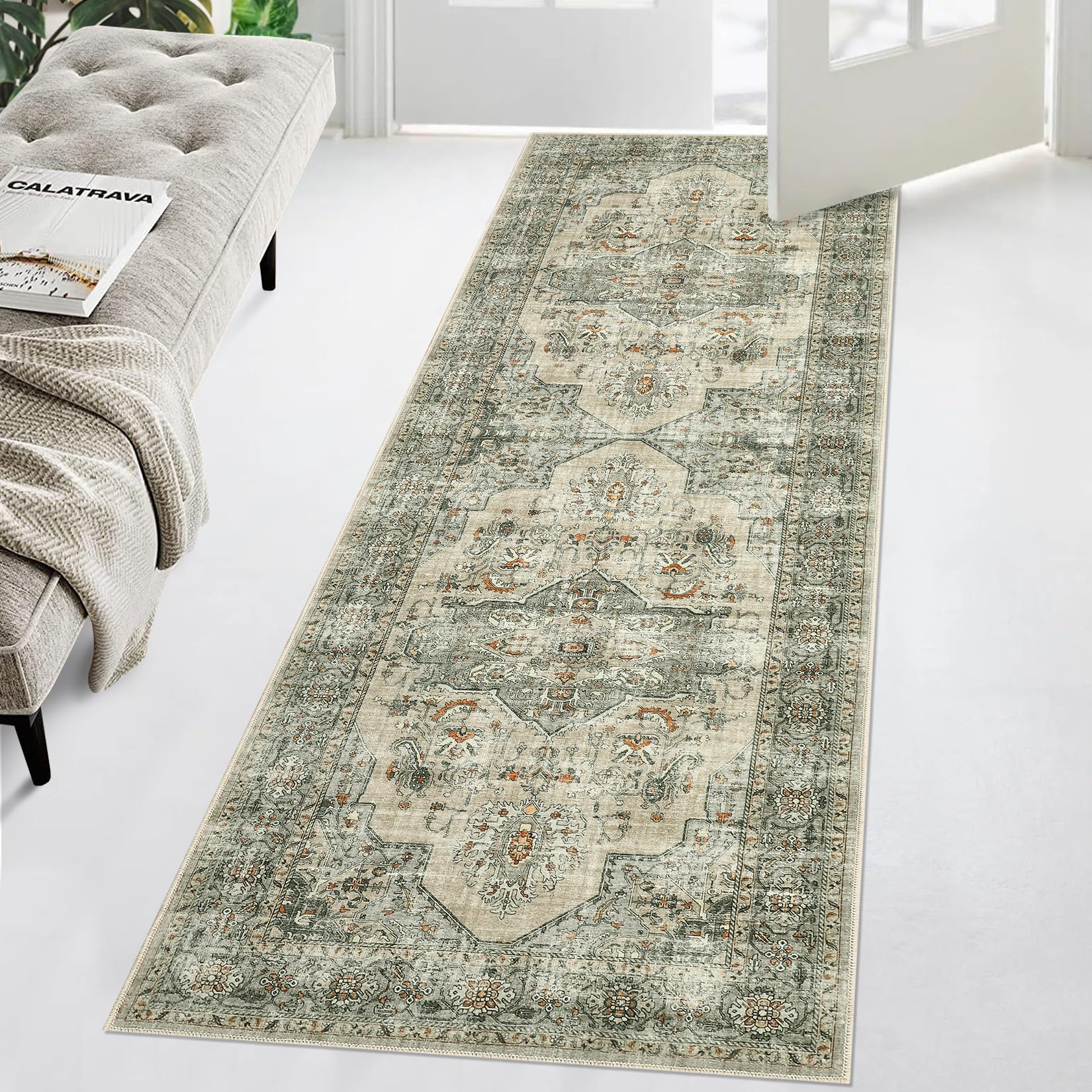 GARVEE 2x6 Washable Non-Slip Runner Rug - Low Pile Vintage Distressed Hallway Carpet | Ultra Thin, Stain Resistant & Non-Shedding | Perfect for Entryway, Kitchen, Laundry Room, Bedroom & High Traffic Areas (Taupe)