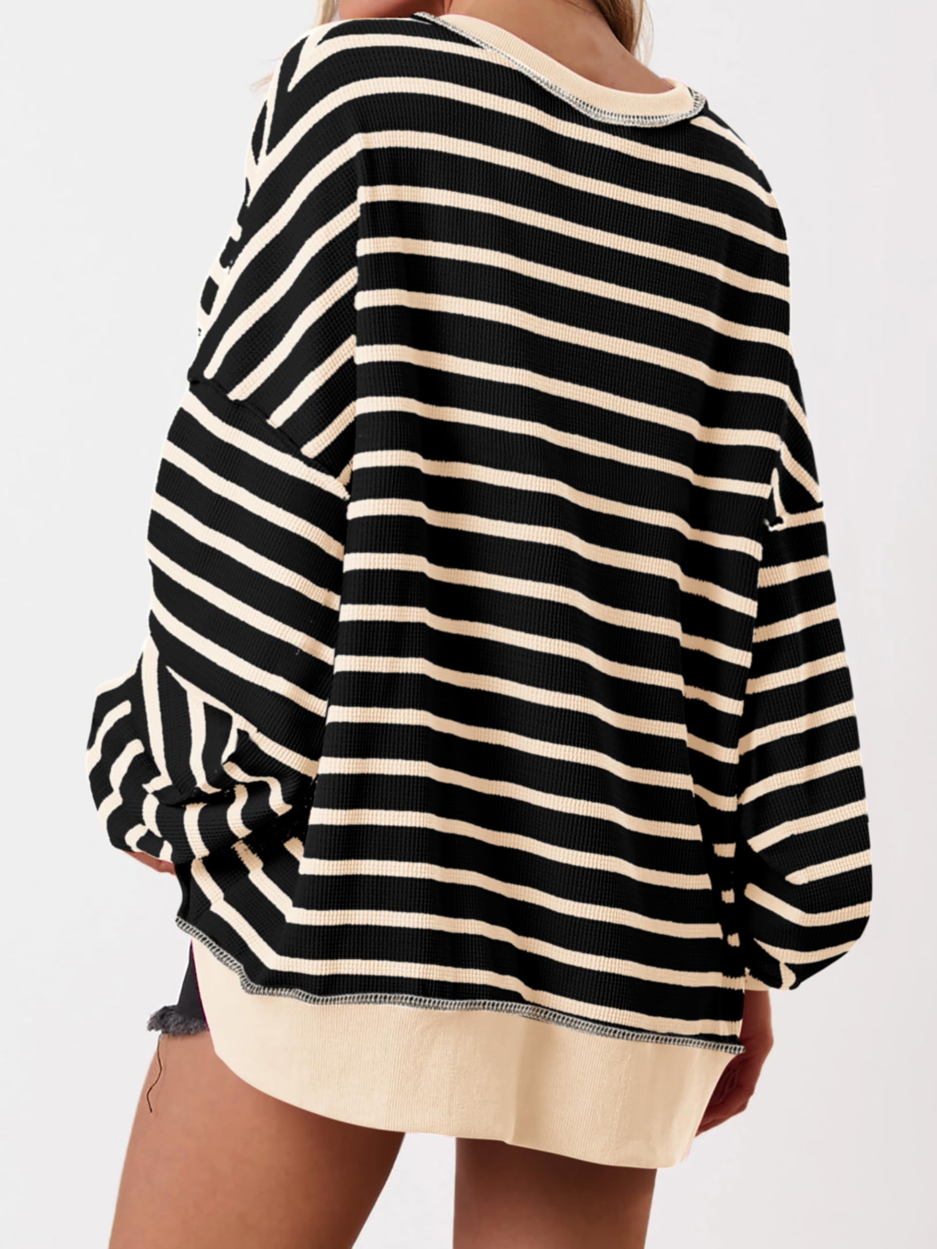 PRETTYGARDEN Women's Striped Oversized Sweatshirt - Long Sleeve Henley Neck Waffle Knit Pullover Tunic Top for Fall 2025 | Casual Outfit, Layering Piece & Cozy Loungewear