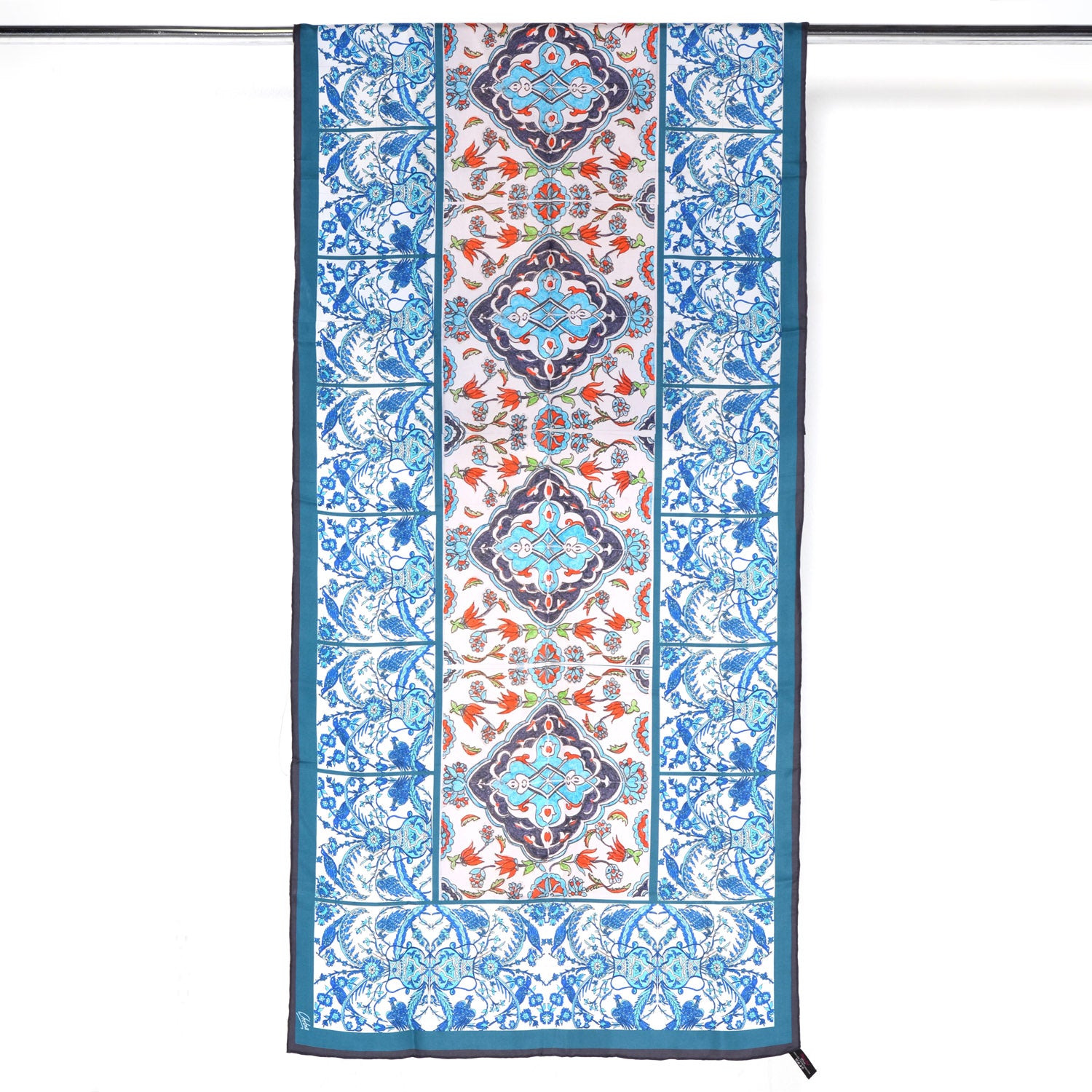 Handmade Istanbul Tiles Design Long Silk Cotton Scarf - Elegant Shawl for Women, Perfect for Travel, Office & Special Occasions