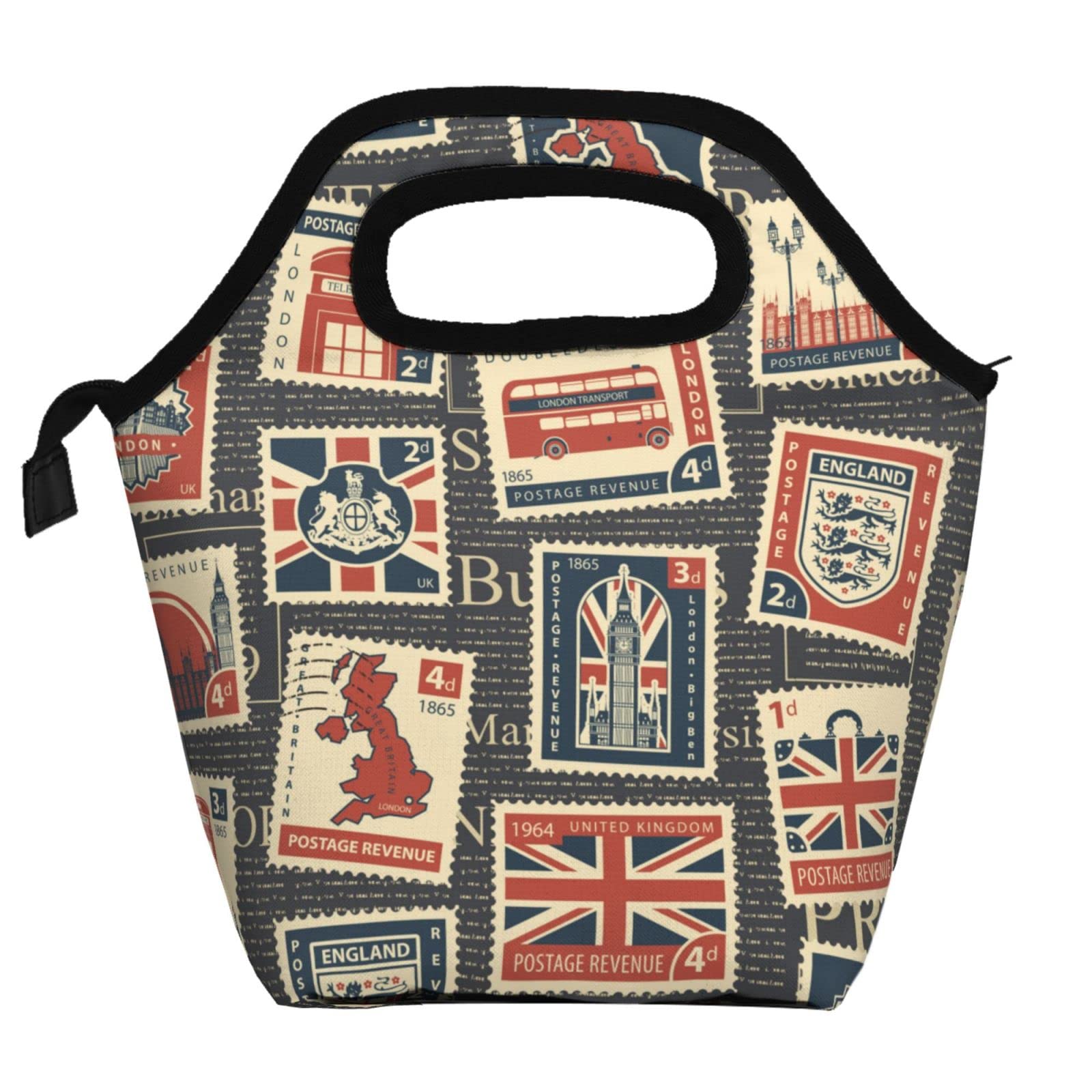 Vintage London Postage Stamp Insulated Lunch Bag - Reusable Thermal Cooler for Women, Men, Students - Perfect for School, Work, Picnics & Outdoor Activities