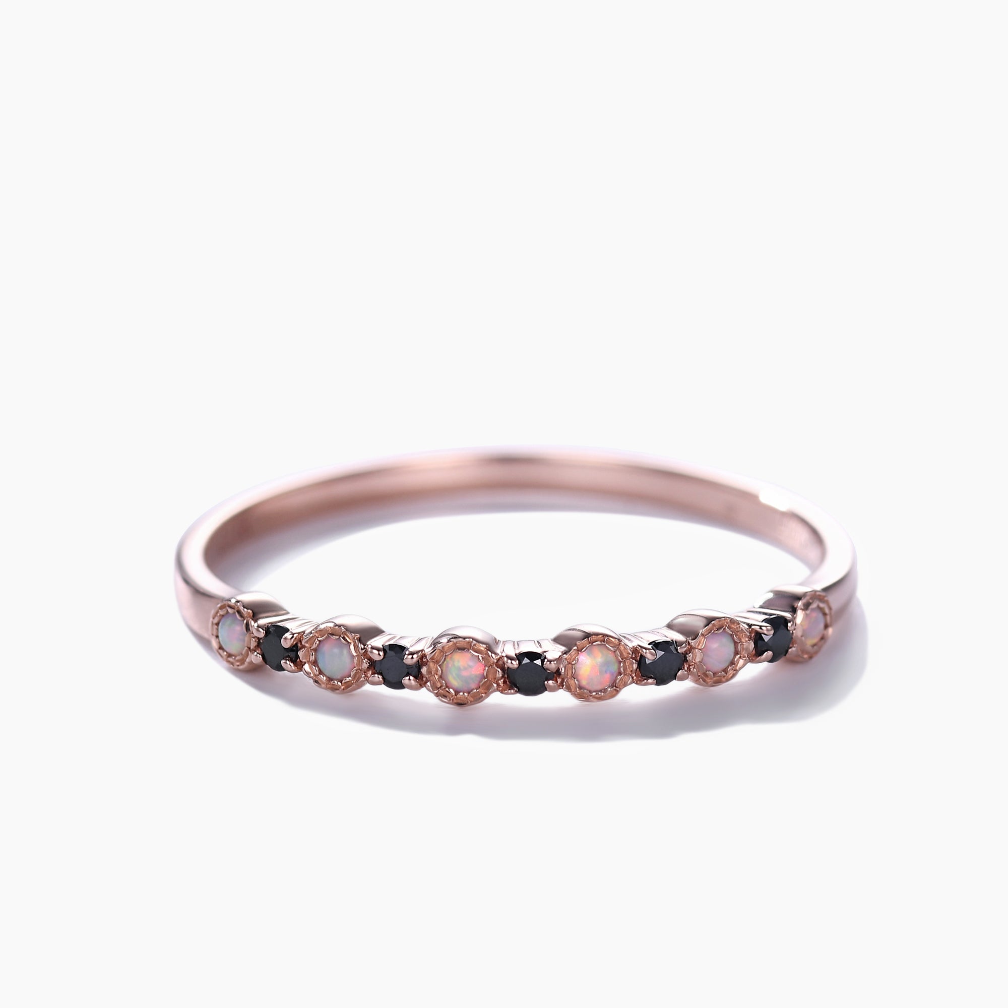 14k Rose Gold Opal Black Onyx Wedding Band - Stackable Milgrain Ring for Women | Perfect for Bridal Jewelry, Anniversary Gifts & Everyday Elegance