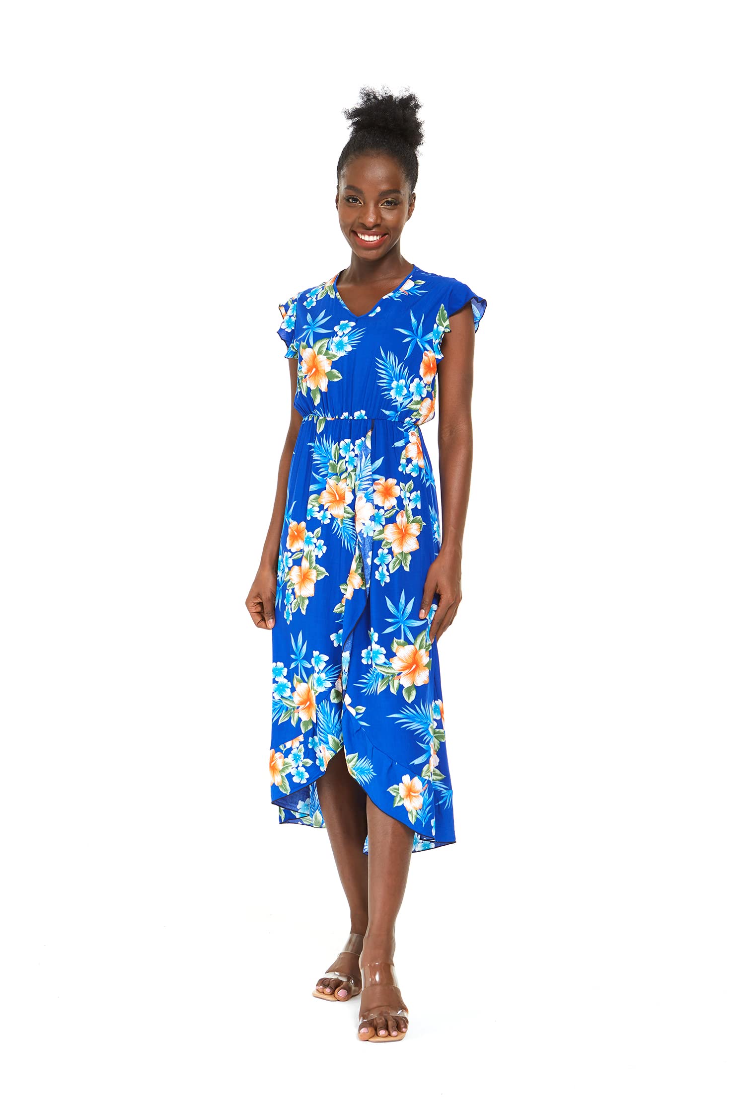 Hawaiian Luau Wrap Ruffle Dress for Women - Floral Hibiscus Vine Print Summer Beach Dress for Vacation, Party & Tropical Getaway