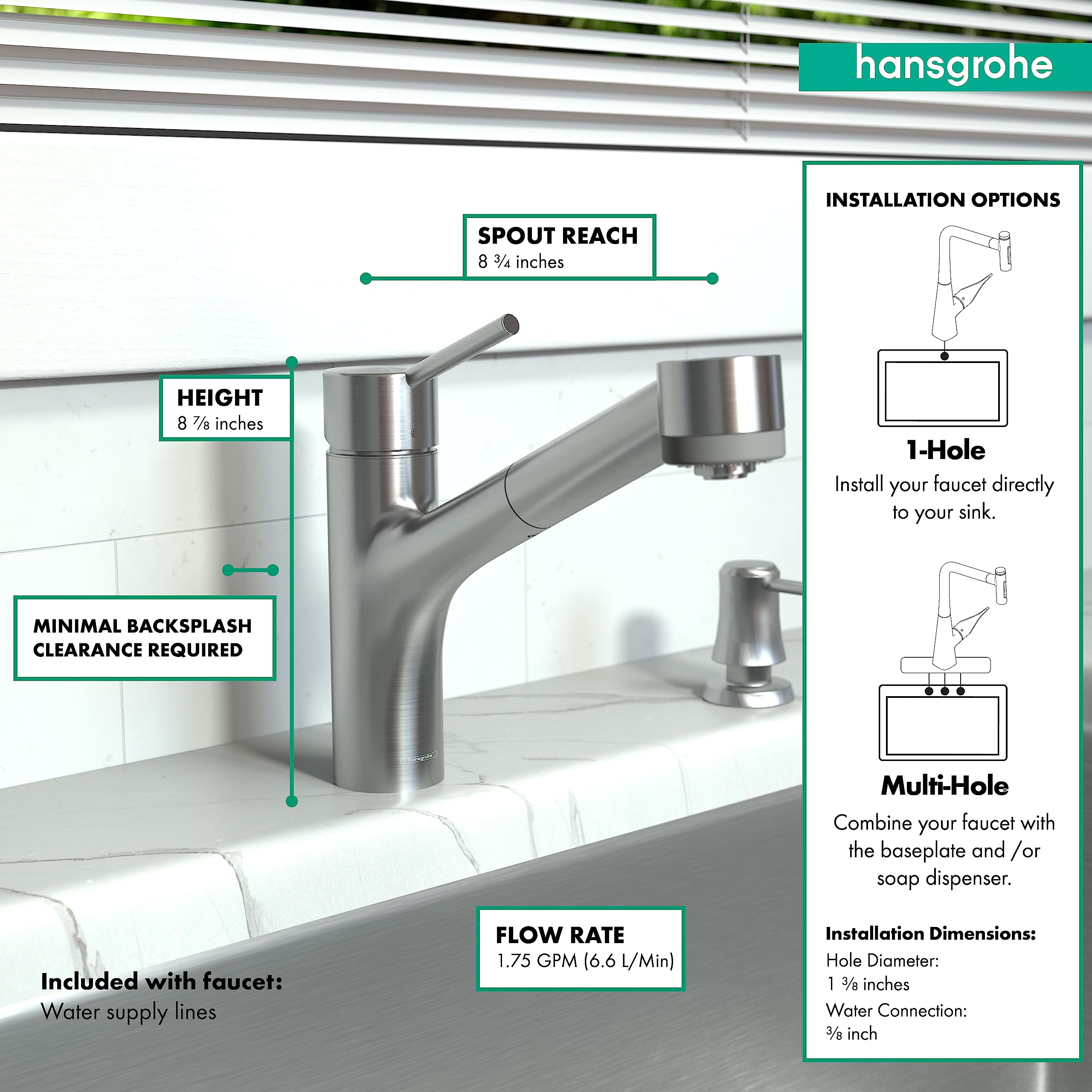 hansgrohe Talis S Stainless Steel Single-Handle Kitchen Faucet with Pull-Out Sprayer, Durable Faucet for Kitchen Sink, Stainless Steel Optic 06462860, Ideal for Modern Home Kitchens