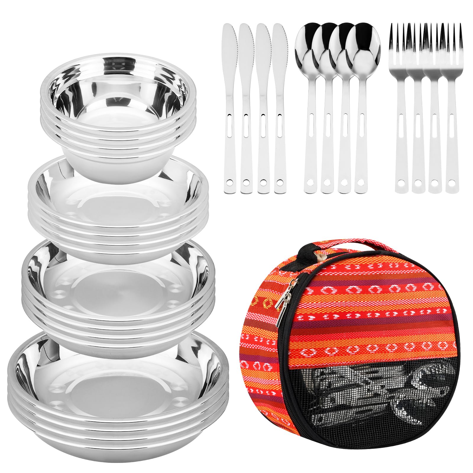 28-Piece Camping Mess Kit - Lightweight Portable Dinnerware Set with Bowls, Plates, Knives, Forks & Spoons | Perfect for Outdoor Adventures, Picnics, Hiking & RV Trips