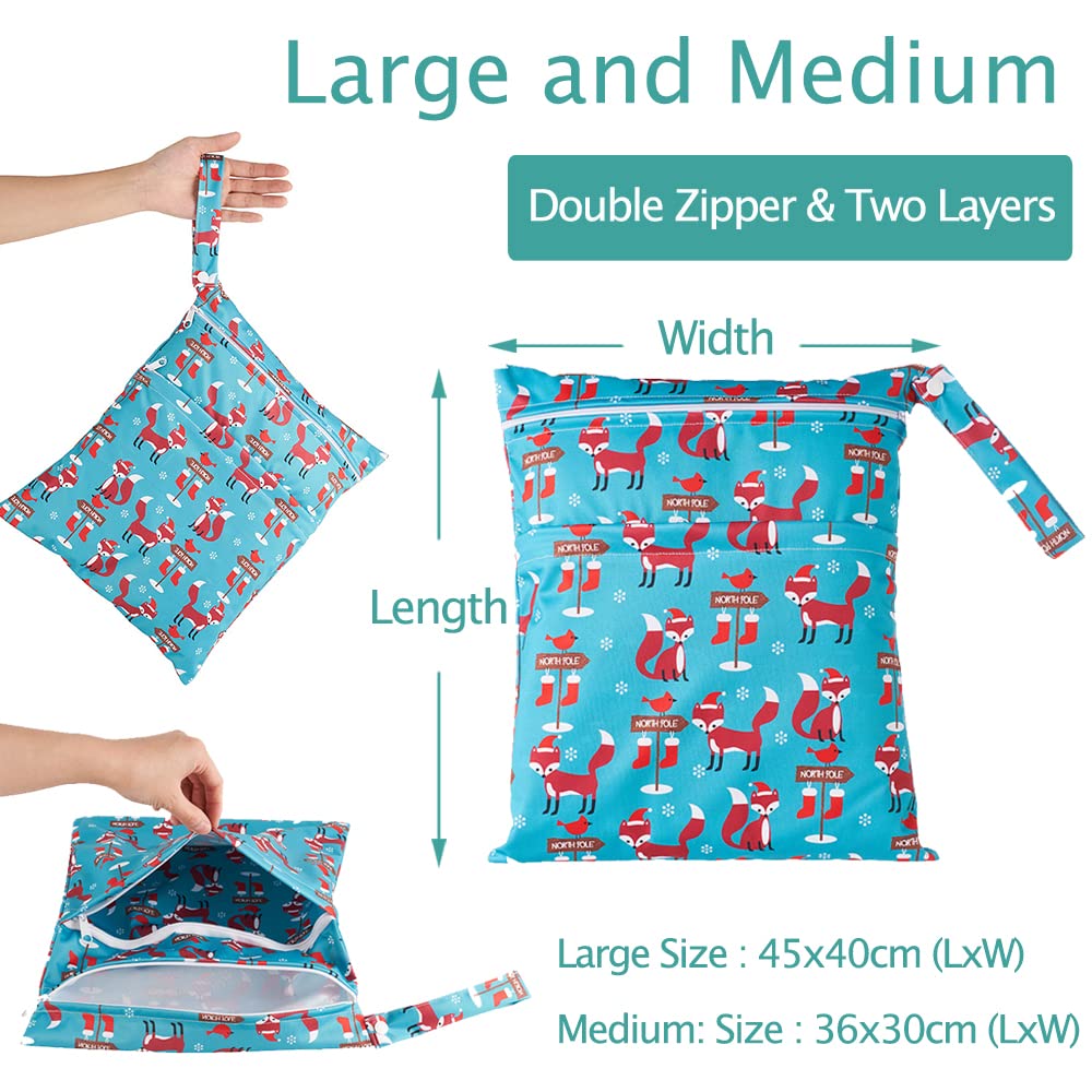 Treer Pack of 3 Reusable Waterproof Wet Bags for Cloth Diapers - Baby Nappy Organizer with Zipper, Washable & Eco-Friendly (Small Fox Design) - Perfect for Travel, Daycare & On-the-Go Parents