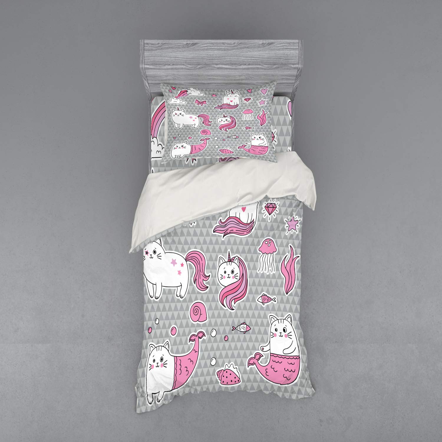 Ambesonne Unicorn Cat Duvet Cover Set - 3 Piece Twin XL Bedding with Sham & Fitted Sheet, Grey Pale Pink White - Fantasy Underwater Theme with Cat Unicorn, Mermaid Fishes, Bubbles & Hearts - Perfect for Kids' Bedrooms, Themed Sleepovers & Whimsical Home Decor