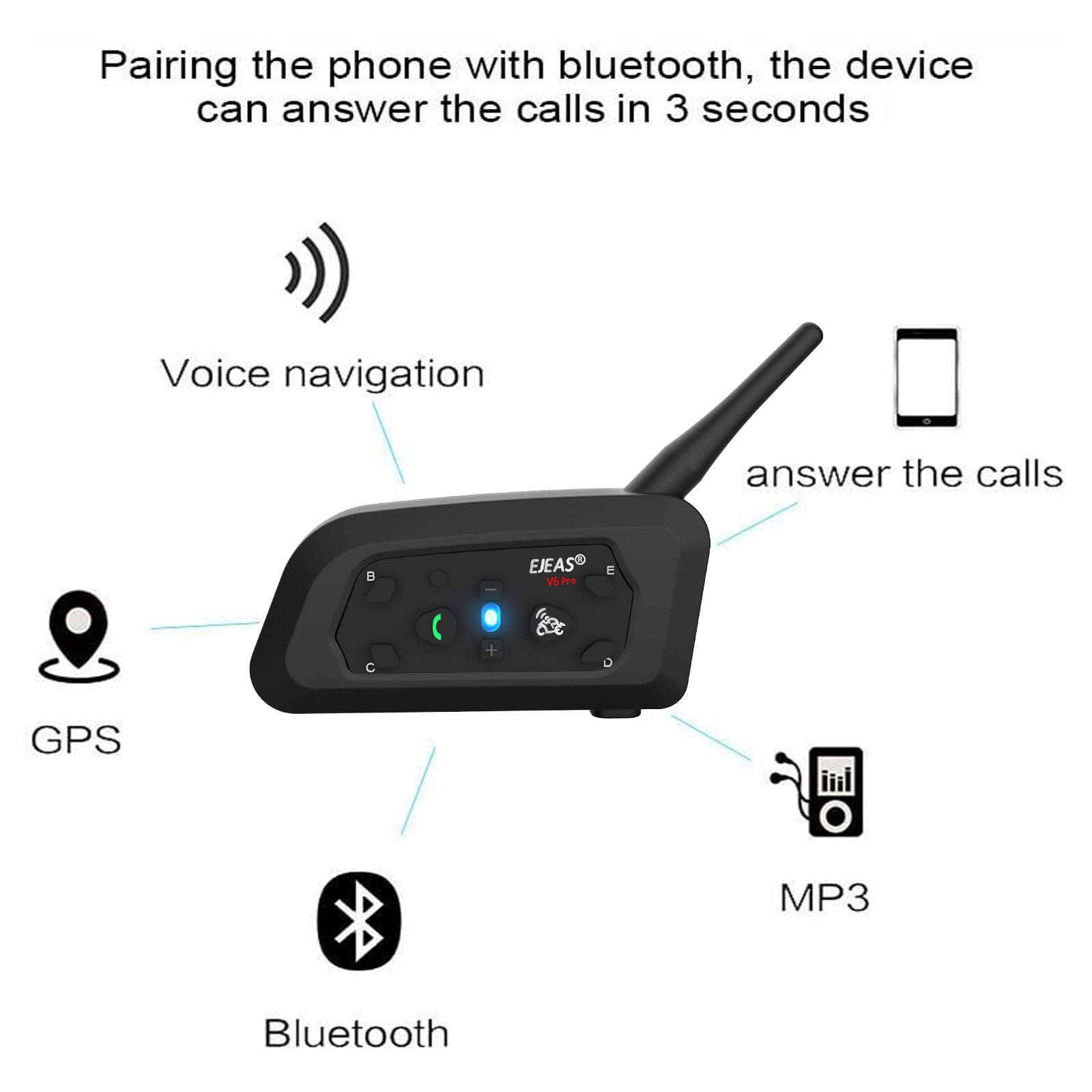 V6 Pro Motorcycle Helmet Bluetooth Intercom Headset - 6 Rider Wireless Communication System, 1200m Range, IP65 Waterproof - Perfect for Group Rides, Touring & Adventure Motorcycling