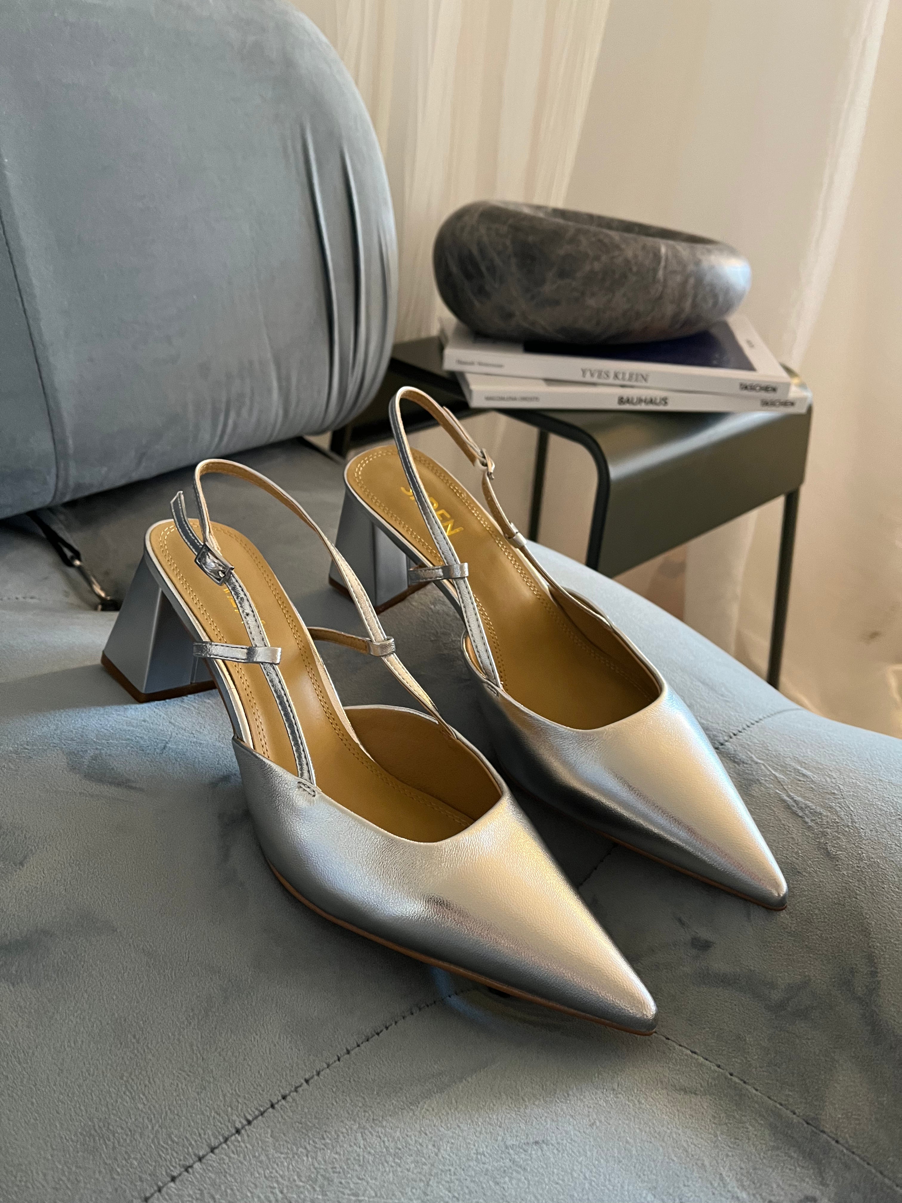 Yasmine Slingback Heels - Silver Metallic Leather Women's Dress Shoes for Party, Wedding & Evening Events | Comfortable & Stylish Women's Fashion Pumps