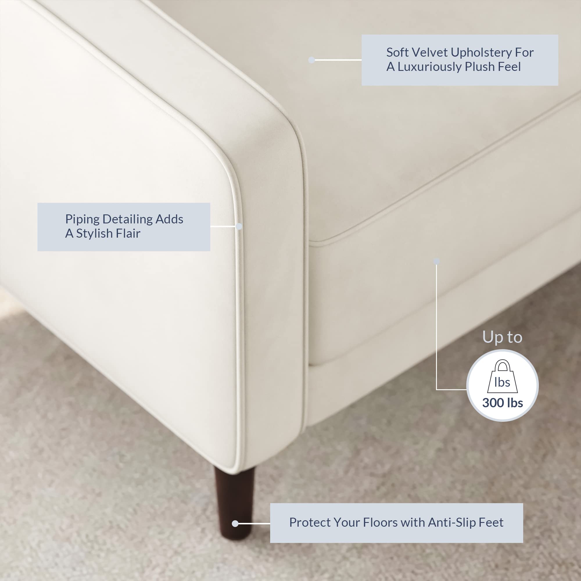 BELLEZE Mid Century Modern Velvet Accent Chair - Tufted Back Comfy Armchair for Living Room, Bedroom & Office - Upholstered Lounge Reading Chair (White Valencia) - Perfect for Small Spaces, Apartments & Cozy Corners