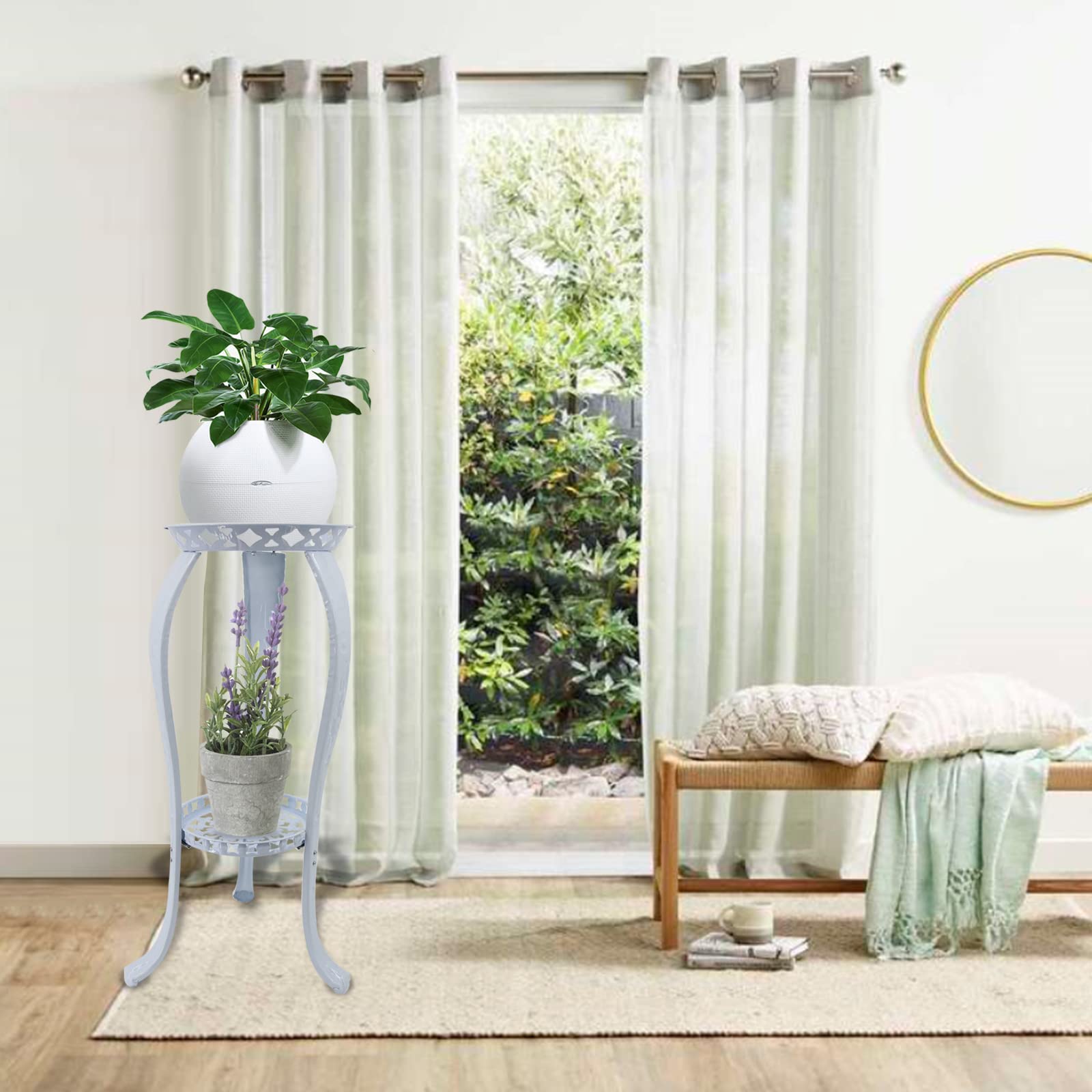 32 Inch Tall 2-Tier Metal Plant Stand - Rustproof Wrought Iron Flower Pot Holder for Indoor & Outdoor Garden Decor, White (2 Pack) - Perfect for Balcony, Patio, Living Room & Corner Spaces