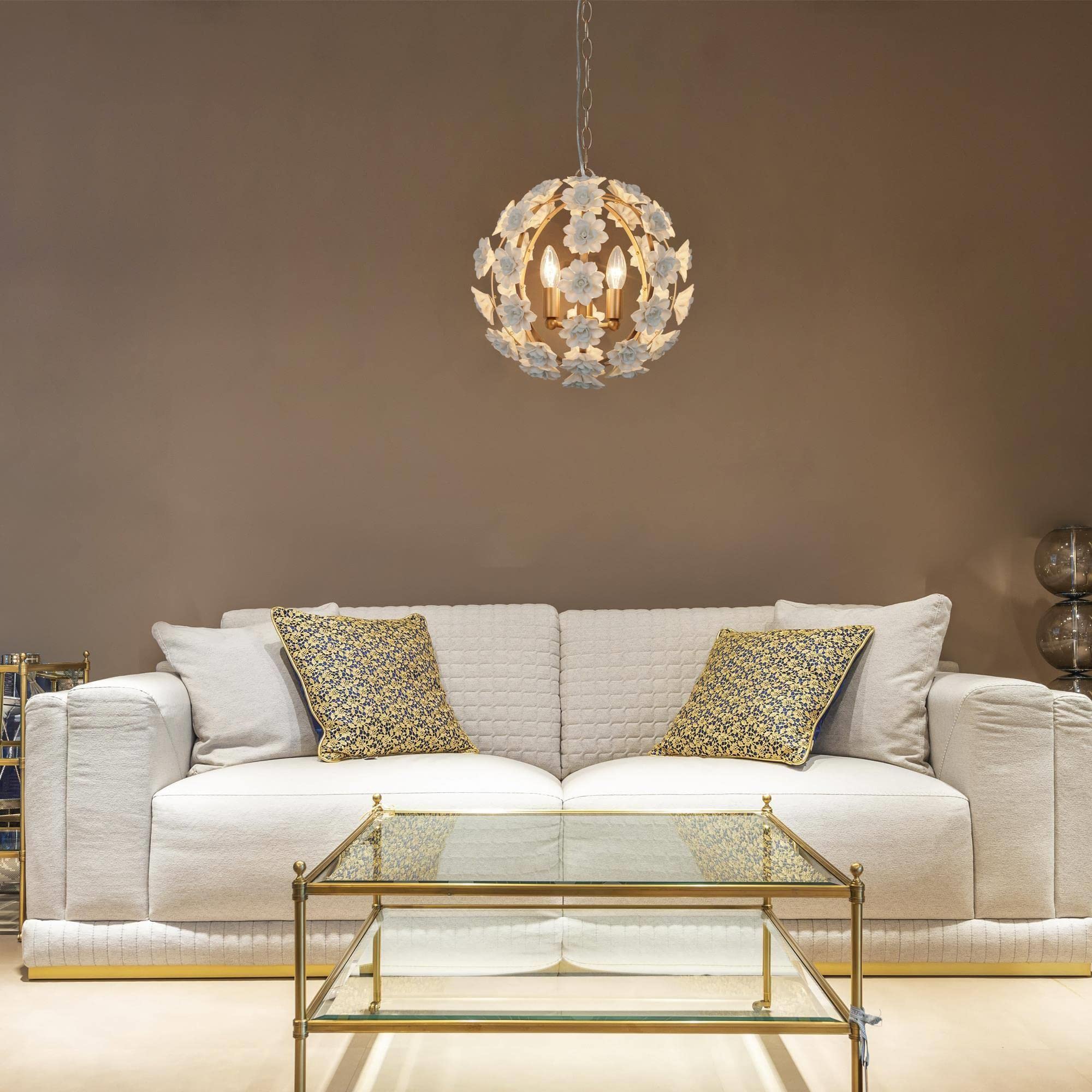 Elegant Gold Chandeliers - 3-Light Orb Ceramic Flower Pendant Lighting Fixture for Dining Room, Living Room, Kitchen | Modern Hanging Light for Home Decor, Wedding, Restaurant & Cafe Ambiance