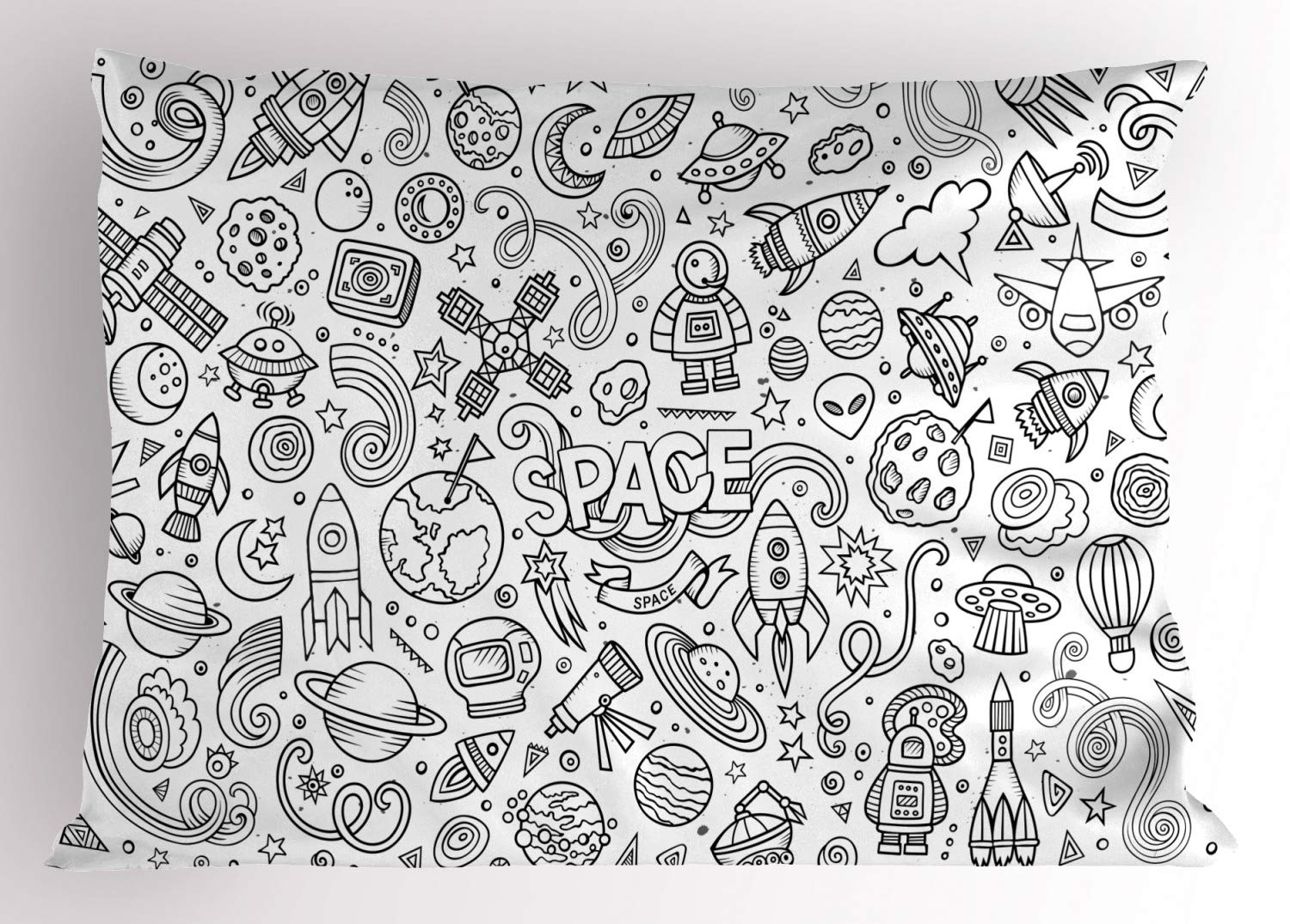 Ambesonne Cartoon Pillow Sham - Sketch Abstract Planets Doodle Drawing Style Decorative Standard Size Printed Pillowcase 30x20 Inches White & Black - Perfect for Kids' Rooms, Living Room Decor & Unique Gifts