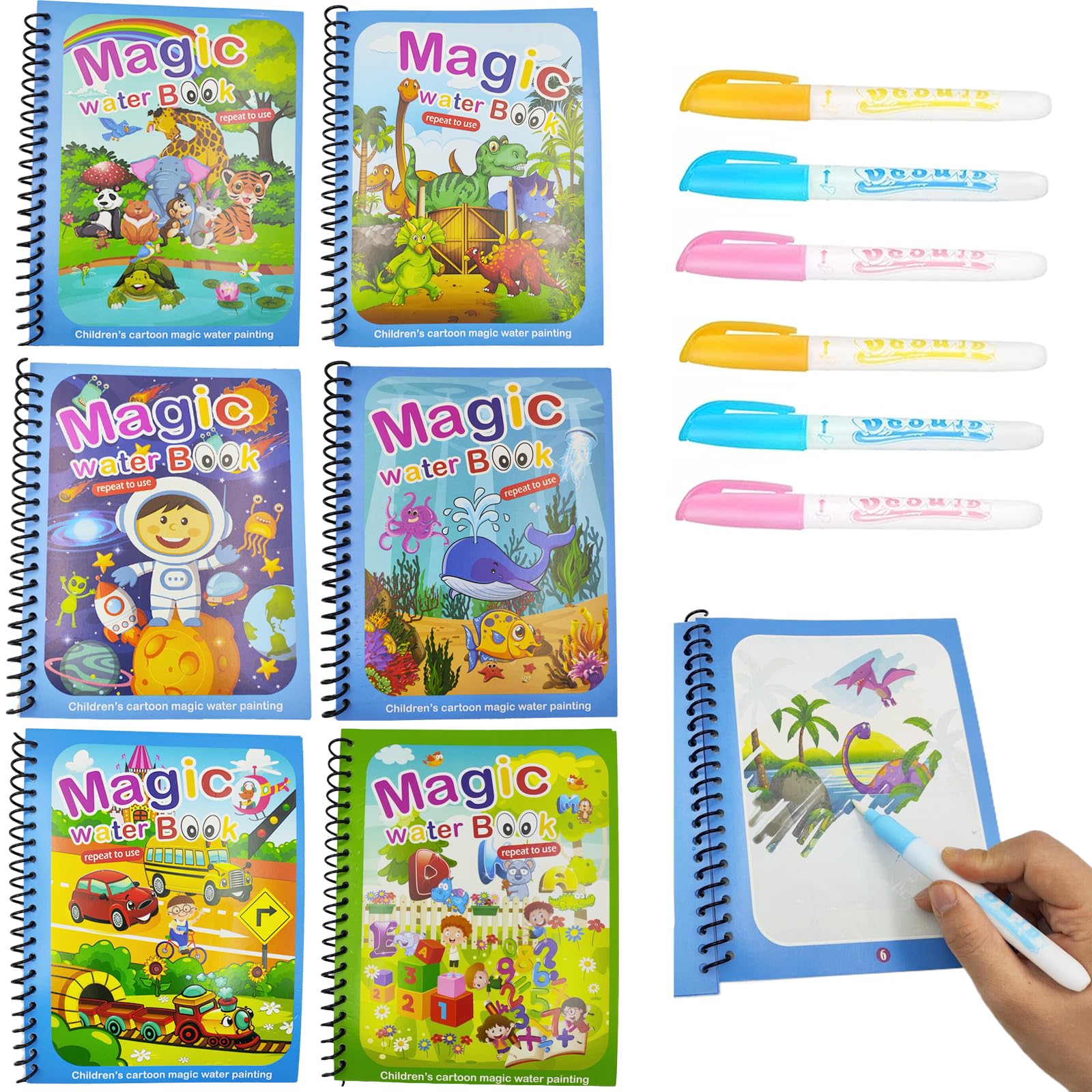 6 Pack Reusable Magic Water Coloring Books for Kids - Montessori Educational Drawing Toys for Boys & Girls Ages 3-6 (Random Pen Color Included) | Perfect for Travel, Preschool Learning & Quiet Time Activities