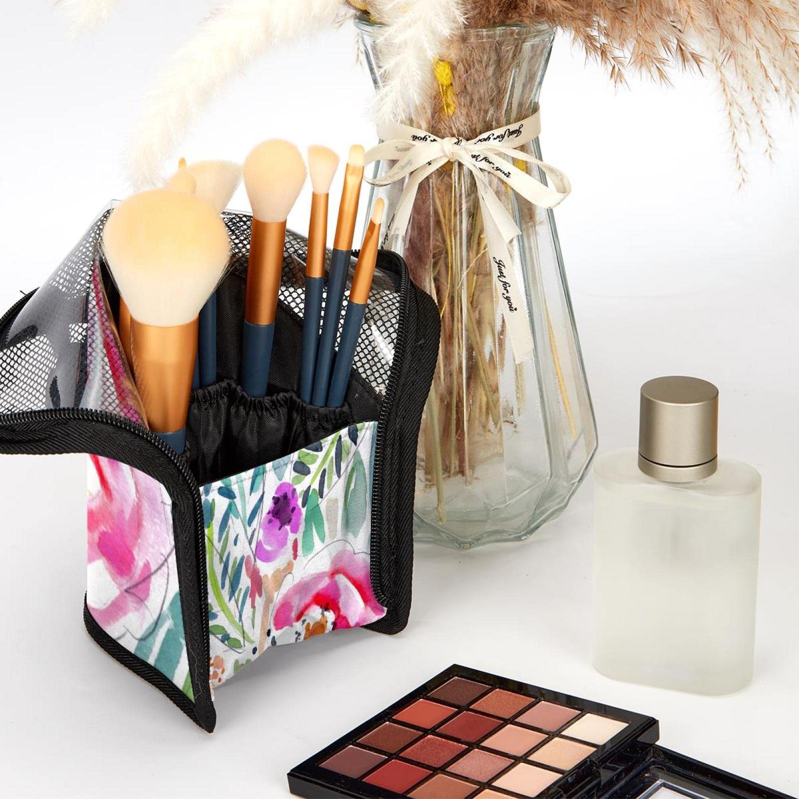 Watercolor Leaves Floral Makeup Brush Organizer Bag with 12 Brushes - Portable Cosmetic Brush Holder Case for Travel, Home & Professional Makeup Artists