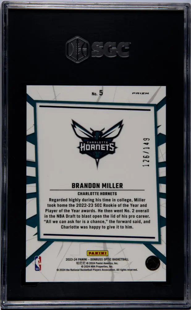 2023 Donruss Optic Brandon Miller Rookie Card My House Lime Green Prizm SGC 9/149 - Perfect for Sports Collectors & NBA Memorabilia Fans