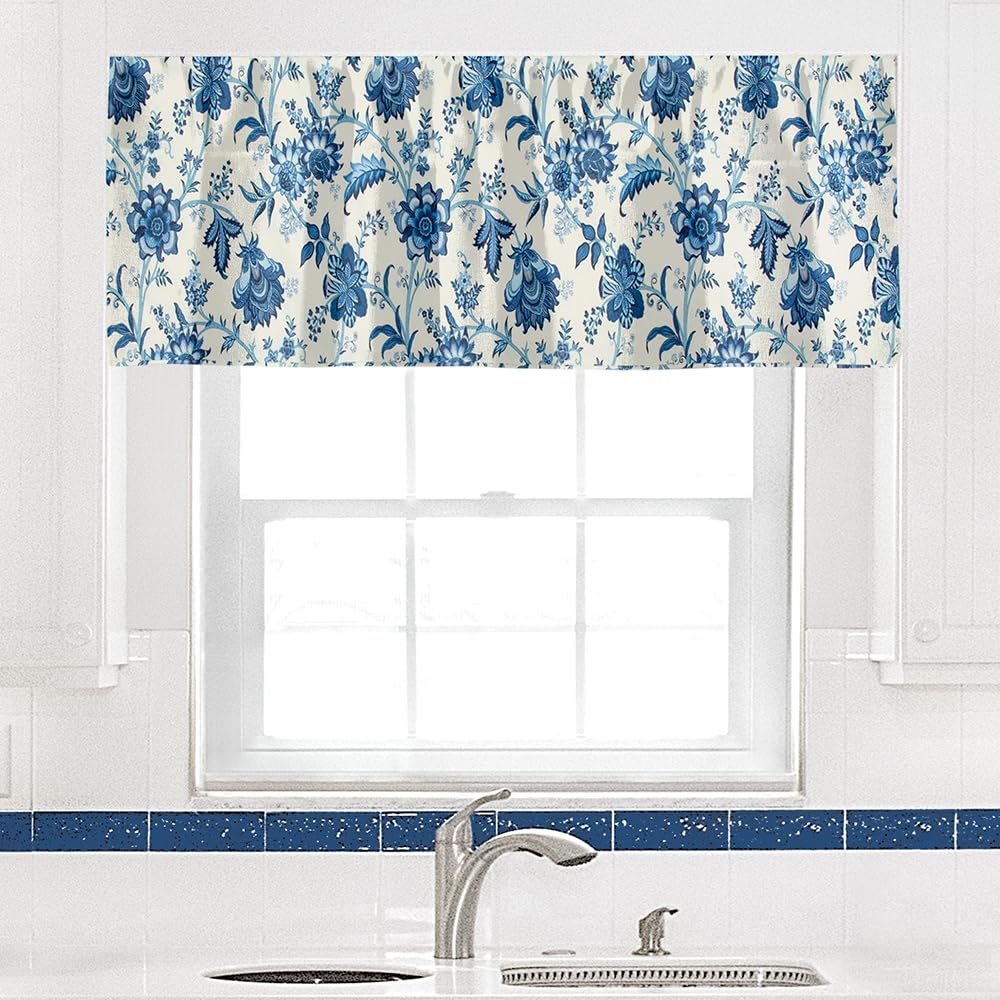 Blue and Off White Floral Valance Curtains - 53x13 Inch Rod Pocket Window Treatments for Kitchen & Living Room Decor - Elegant Home & Office Window Coverings