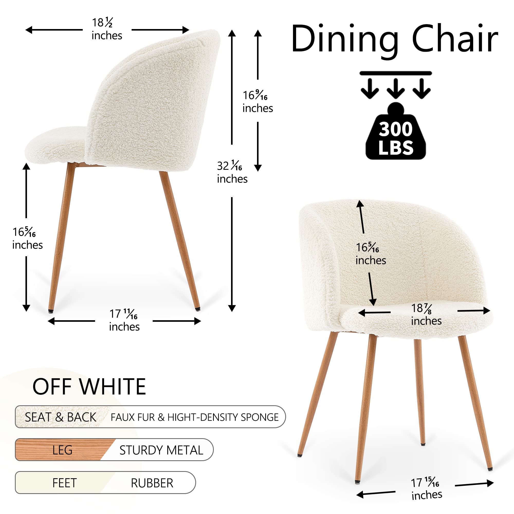 Nordicana Set of 2 Fuzzy Sherpa Accent Chairs - Barrel Back Faux Fur Upholstered Armchairs with Wood Grain Metal Legs for Dining & Living Room - Cozy Home Decor (Off White) - Perfect for Reading Nooks, Lounge Areas & Farmhouse Style Interiors
