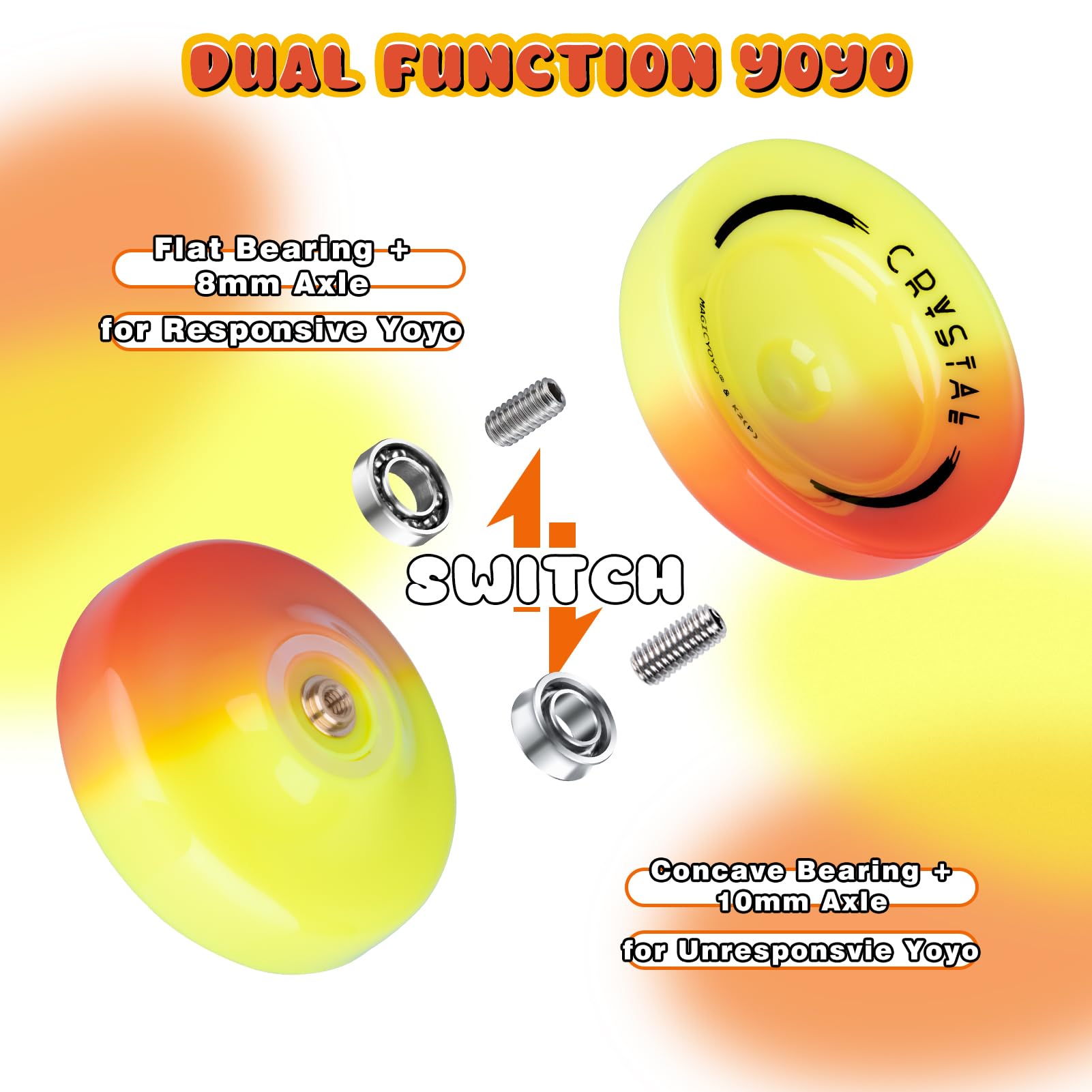 MagicYoYo K2 Professional Finger Spin Trick Yo-Yo for Kids & Adults - 2-in-1 Beginner to Advanced Yo-Yo with Durable Bearings + 12 Strings (Red/Yellow) - Perfect for Competitions, Practice & Skill Development