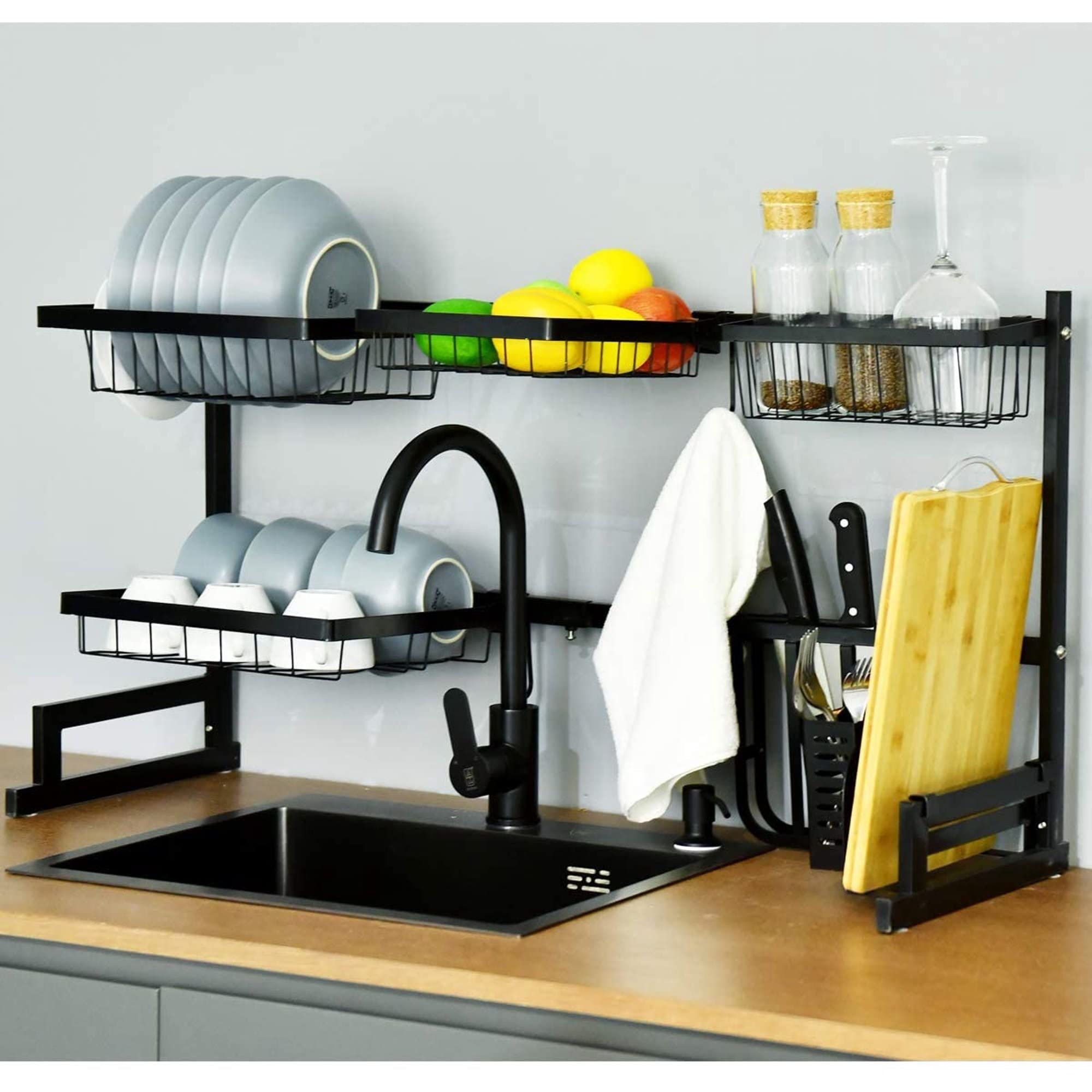 2-Tier Adjustable Over The Sink Dish Drying Rack with Utensil Holder - Space Saving Kitchen Countertop Organizer for Dishes, Cups & Cutlery - Perfect for Small Kitchens & Apartments