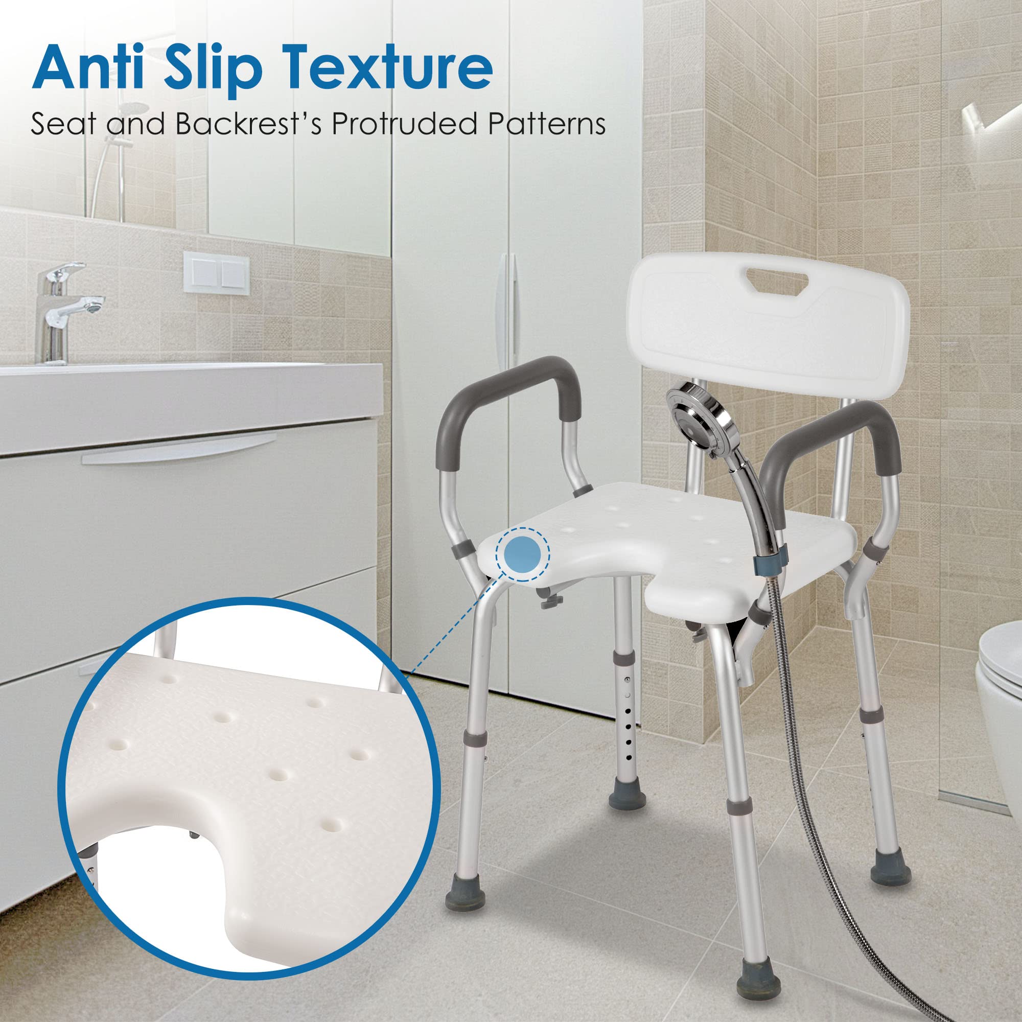 Sturdy Shower Chair with Arms & Back Support - 330lb Weight Capacity, Non-Slip Bath Seat for Elderly & Disabled, Tool-Free Assembly with Cutout Design & Anti-Cold Pads - Ideal for Safe Bathing & Shower Safety