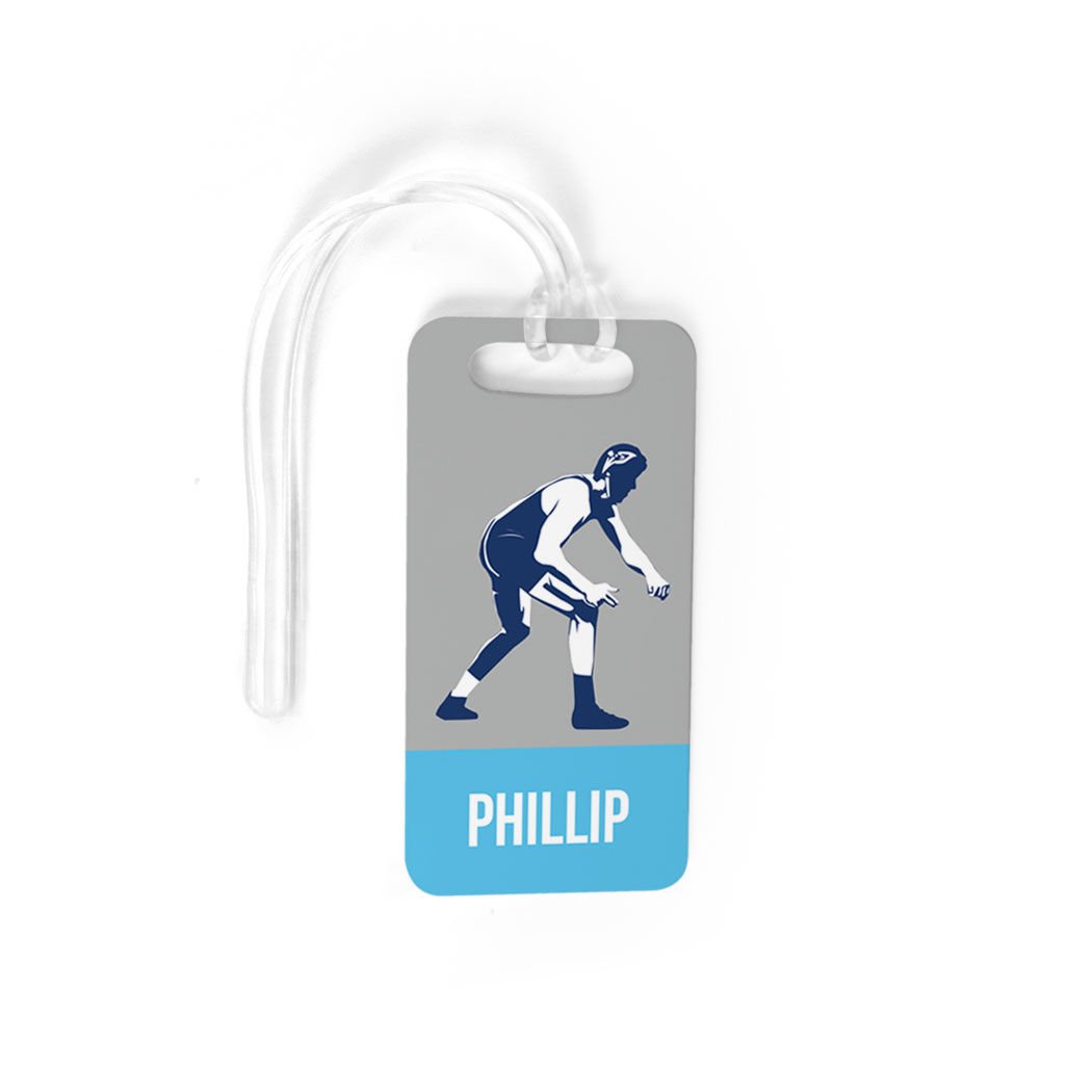 Personalized Wrestling Luggage Tag - Custom Wrestler Name & Design - Small Blue Bag Tag with Standard Lines - Perfect for Gym Bags, Travel Luggage & Sports Equipment Identification