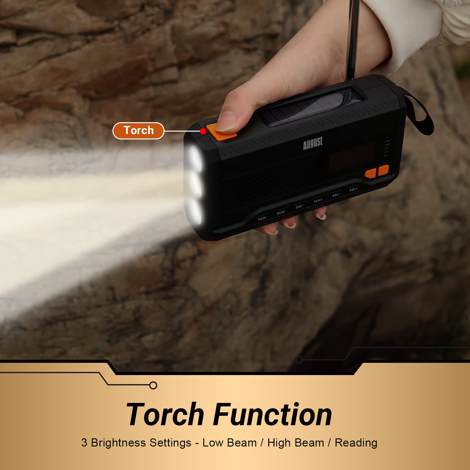 August MB290B Portable Emergency Hand Crank Radio with FM/DAB/Bluetooth, 4500mAh Power Bank, USB Phone Charger, Flashlight & SOS Light - Perfect for Camping, Hiking, Outdoor Adventures & Emergency Preparedness - Black