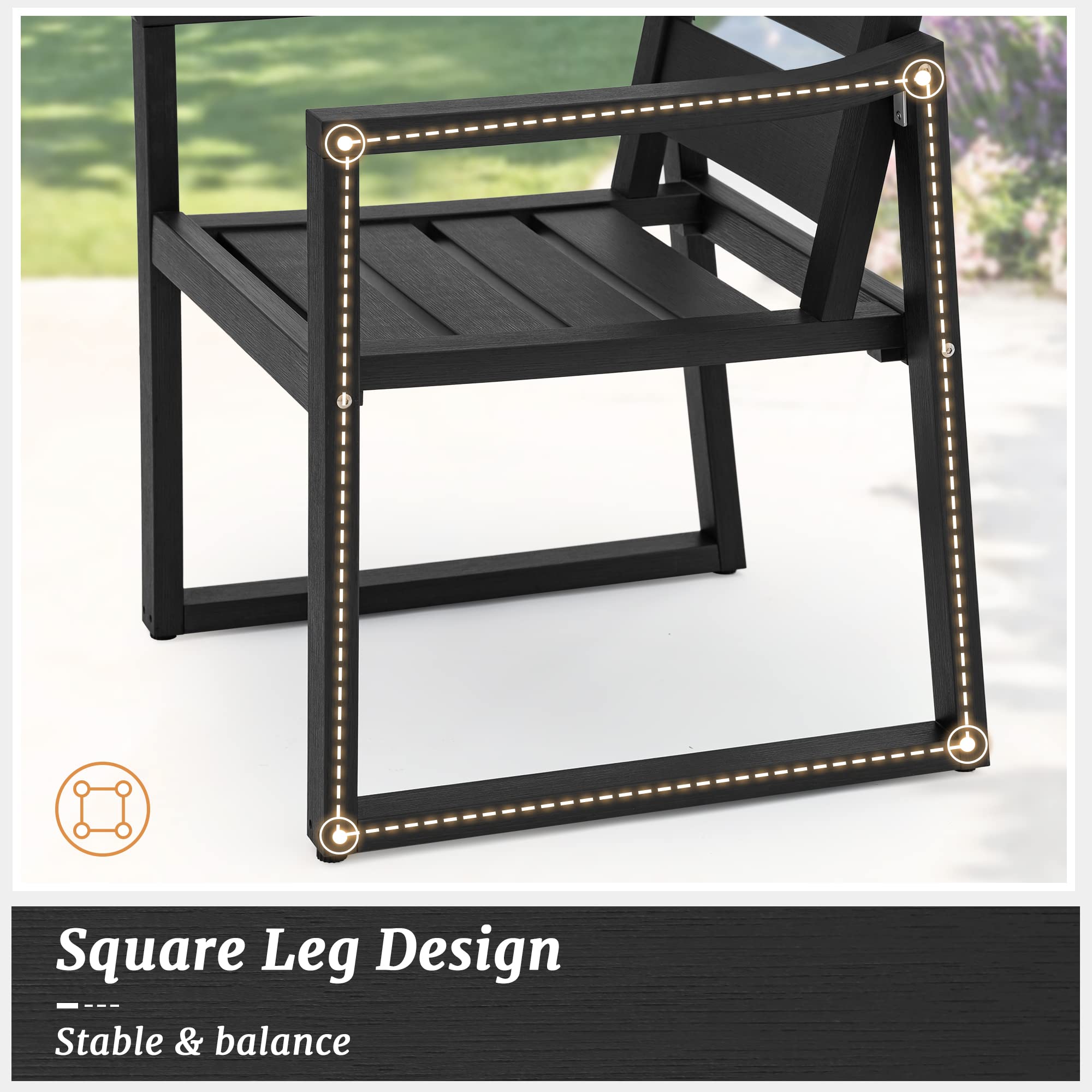 Heavy Duty HDPS Outdoor Dining Chairs 350LBS Capacity - All Weather Patio Chairs with Armrests & Square Frame Legs for Backyard, Garden, Lawn, Indoor/Outdoor Use - Perfect for BBQs, Poolside Relaxing & Outdoor Entertaining (Black)