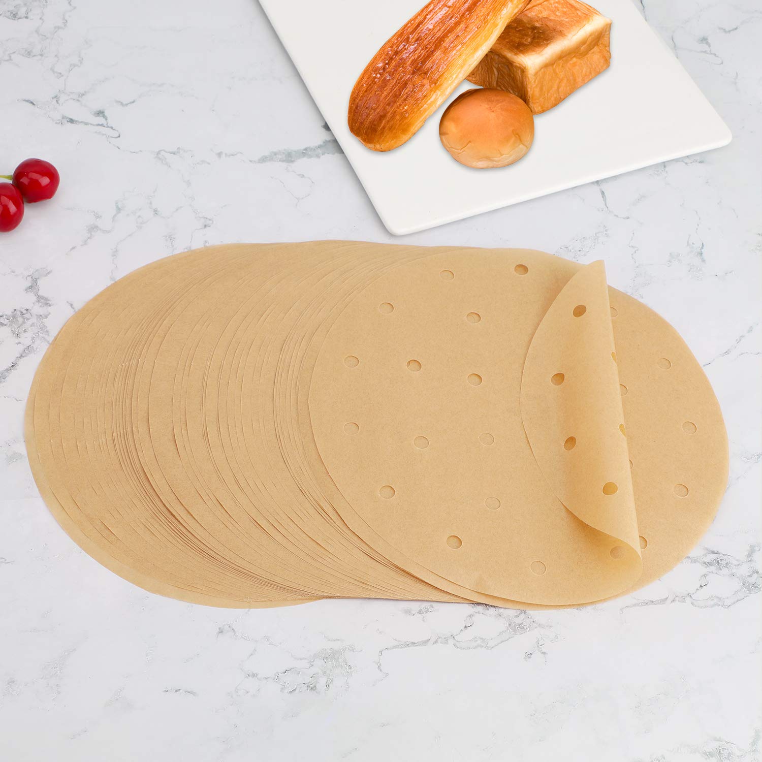 Beasea 8 Inch Unbleached Air Fryer Parchment Paper - 200pcs Round Perforated Disposable Liners for Air Fryer, Steaming Basket & Bamboo Steamer - Perfect for Healthy Cooking, Baking and Meal Prep