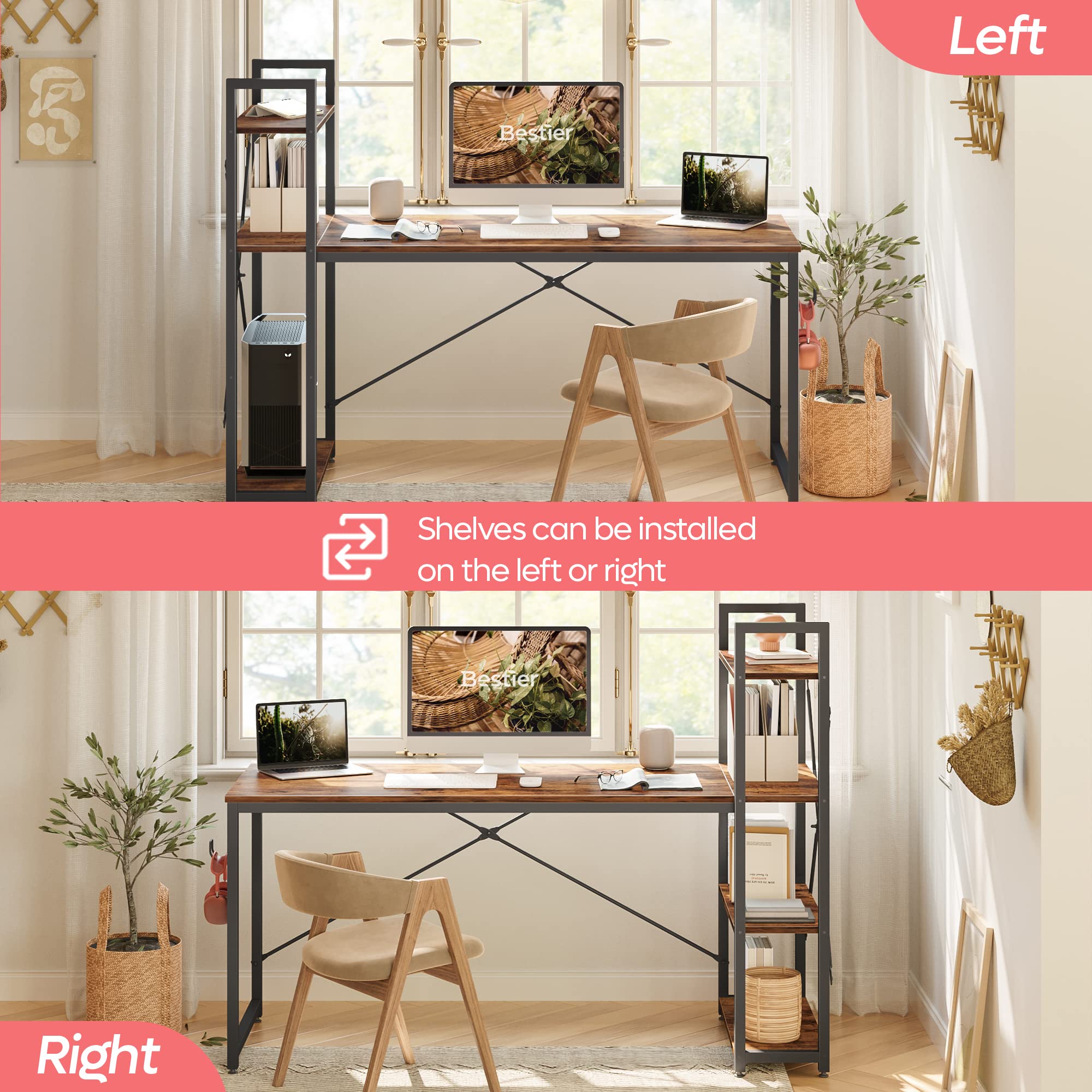 Bestier 63 Inch Computer Desk with Adjustable Shelves - Rustic Brown Writing Desk with Reversible Bookshelf & Sturdy Metal Legs for Home Office, Studio, Gaming & Remote Work Setup
