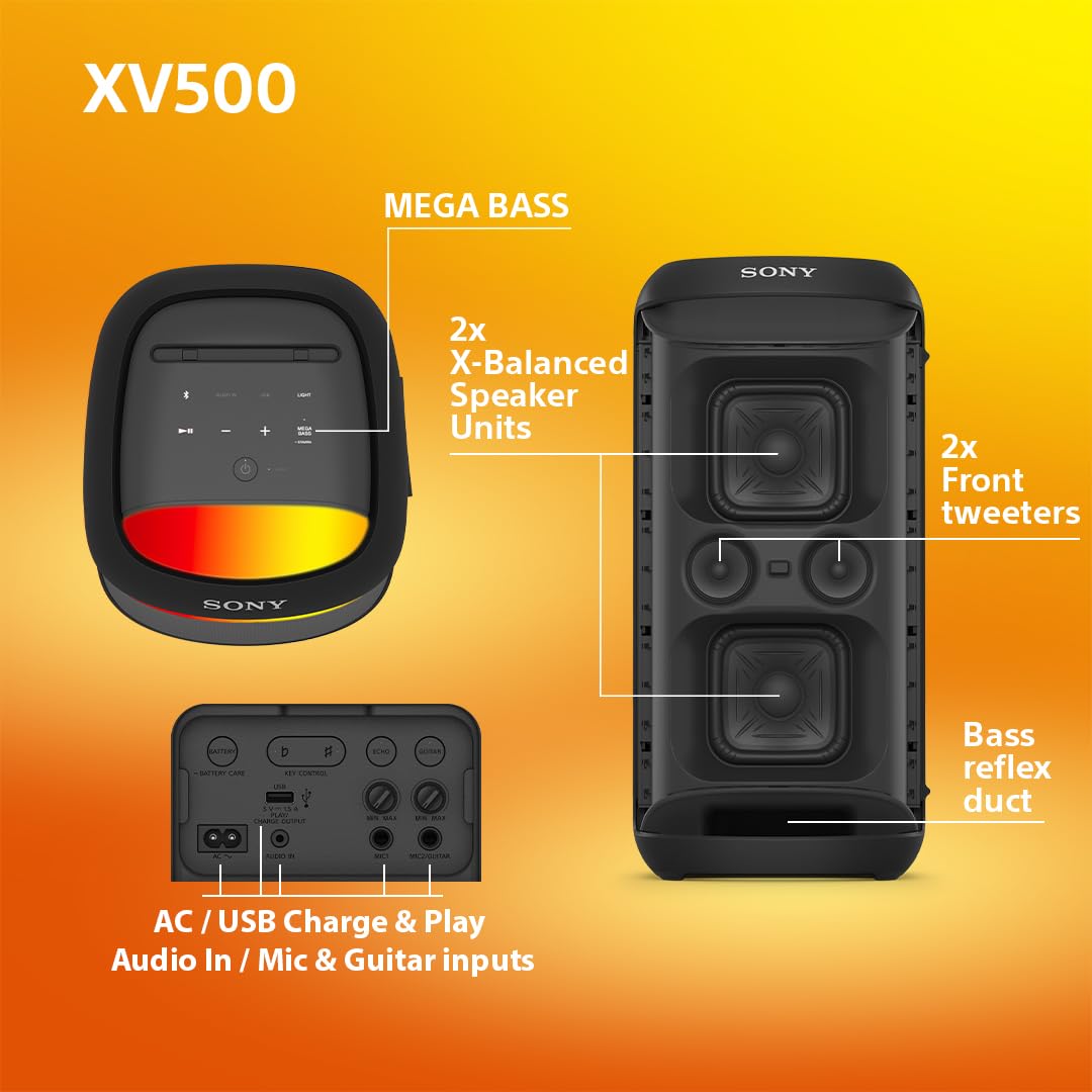 Sony SRS-XV500 Wireless Bluetooth Party Speaker with Powerful Sound, MEGA BASS, 25-Hour Battery - Portable Karaoke Speaker with LED Lights, IPX4 Waterproof, Mic/Guitar Inputs - Perfect for Outdoor Parties, Beach Trips & Home Entertainment (Black)