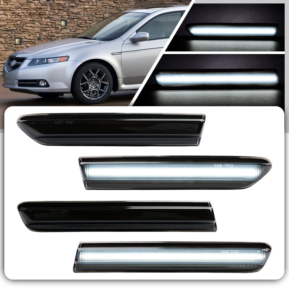 2004-2008 Acura TL LED Side Marker Lights - White Front/Rear Fender Indicators with Smoked Lens - Direct OEM Replacement - Perfect for Night Driving & Car Customization