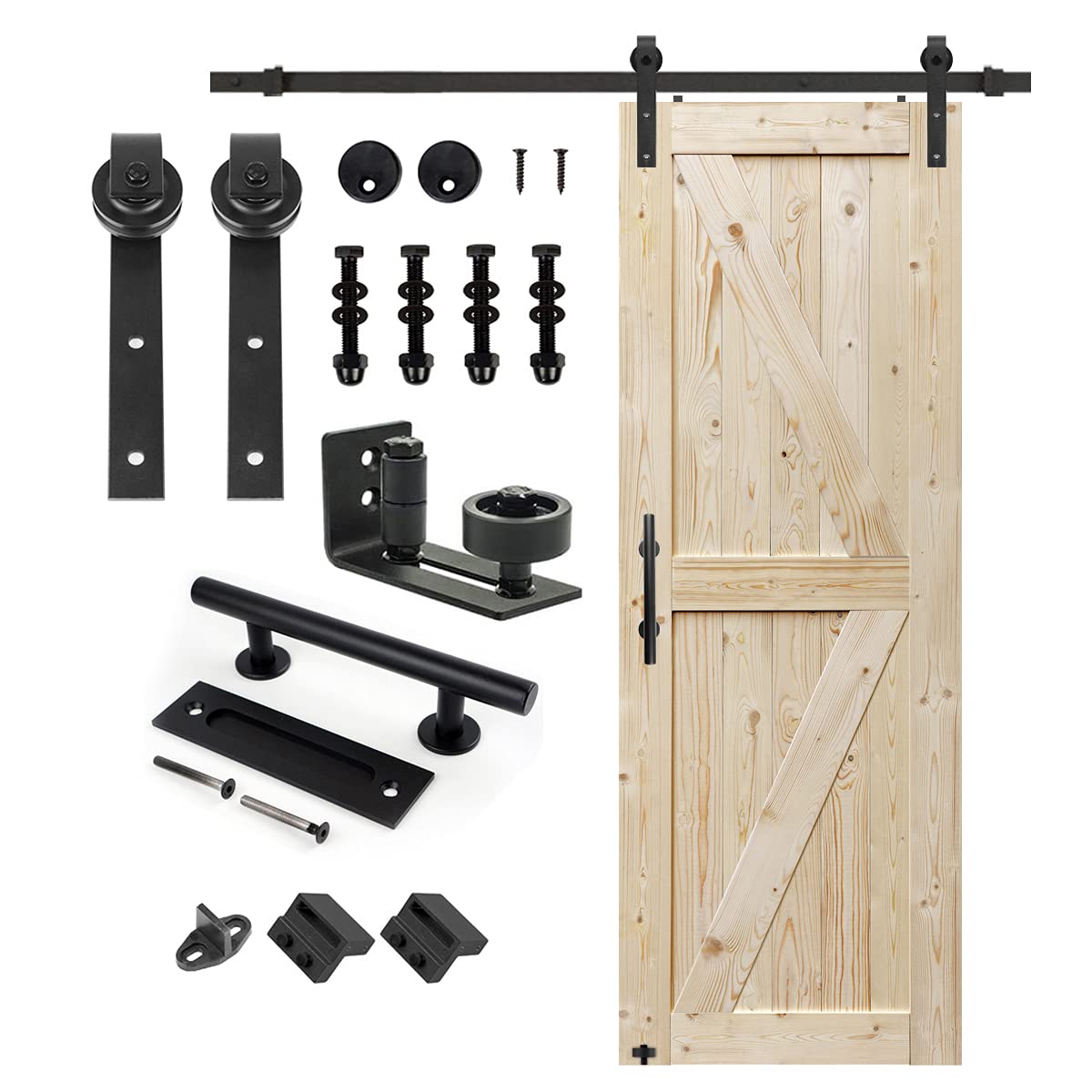 S&Z TOPHAND® 30x80 Inch Unfinished British Brace Knotty Barn Door with 5FT Sliding Hardware Kit - Solid Wood Sliding Barn Door for Bedroom & Closet - Double Surfaces, Easy Assembly (J-Shape Track Included)