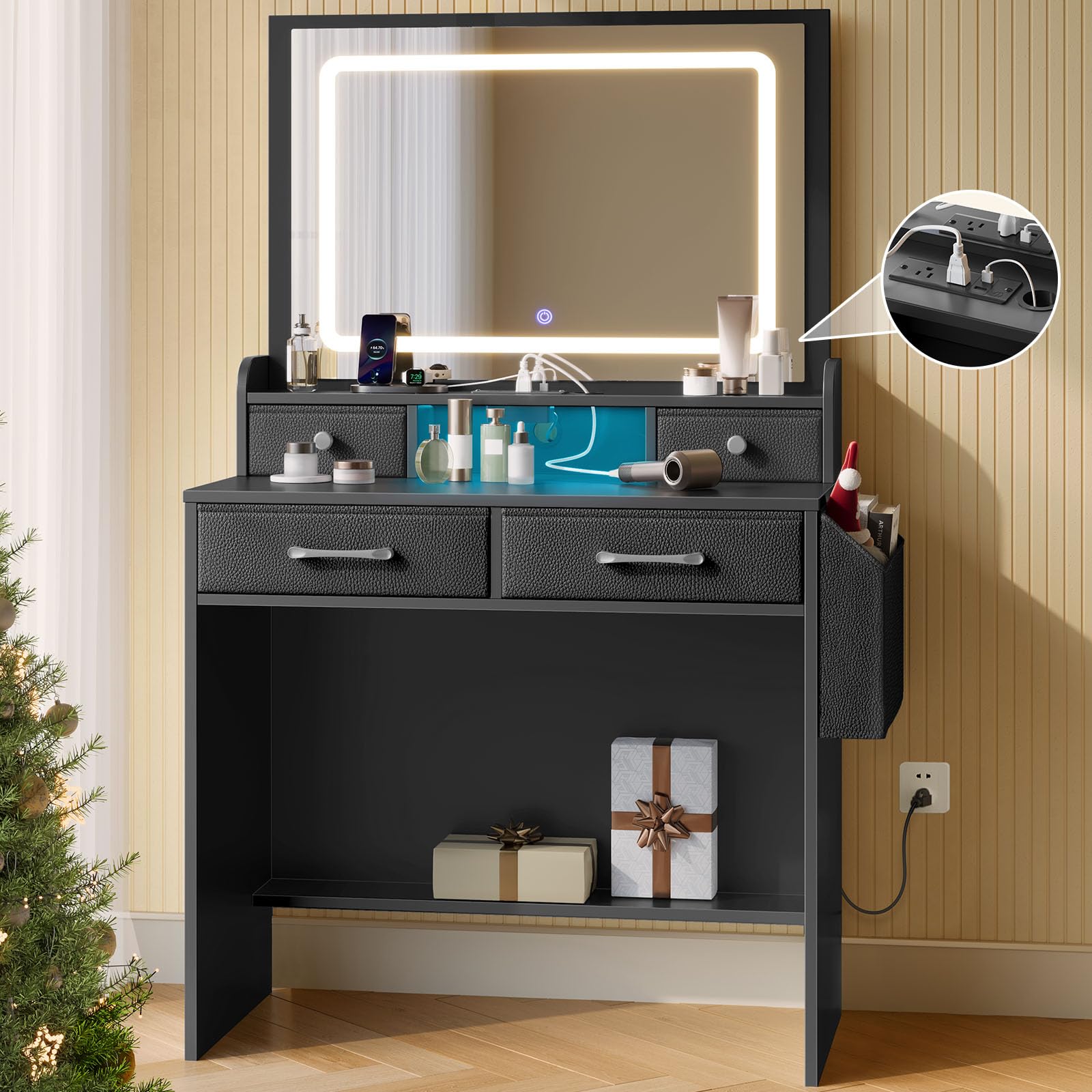 Rolanstar Vanity Desk with LED Lighted Mirror & 4 Fabric Drawers - Modern Makeup Dressing Table with Power Outlet for Bedroom & Dressing Room - Perfect for Daily Beauty Routine, Makeup Application & Home Decor (Black)
