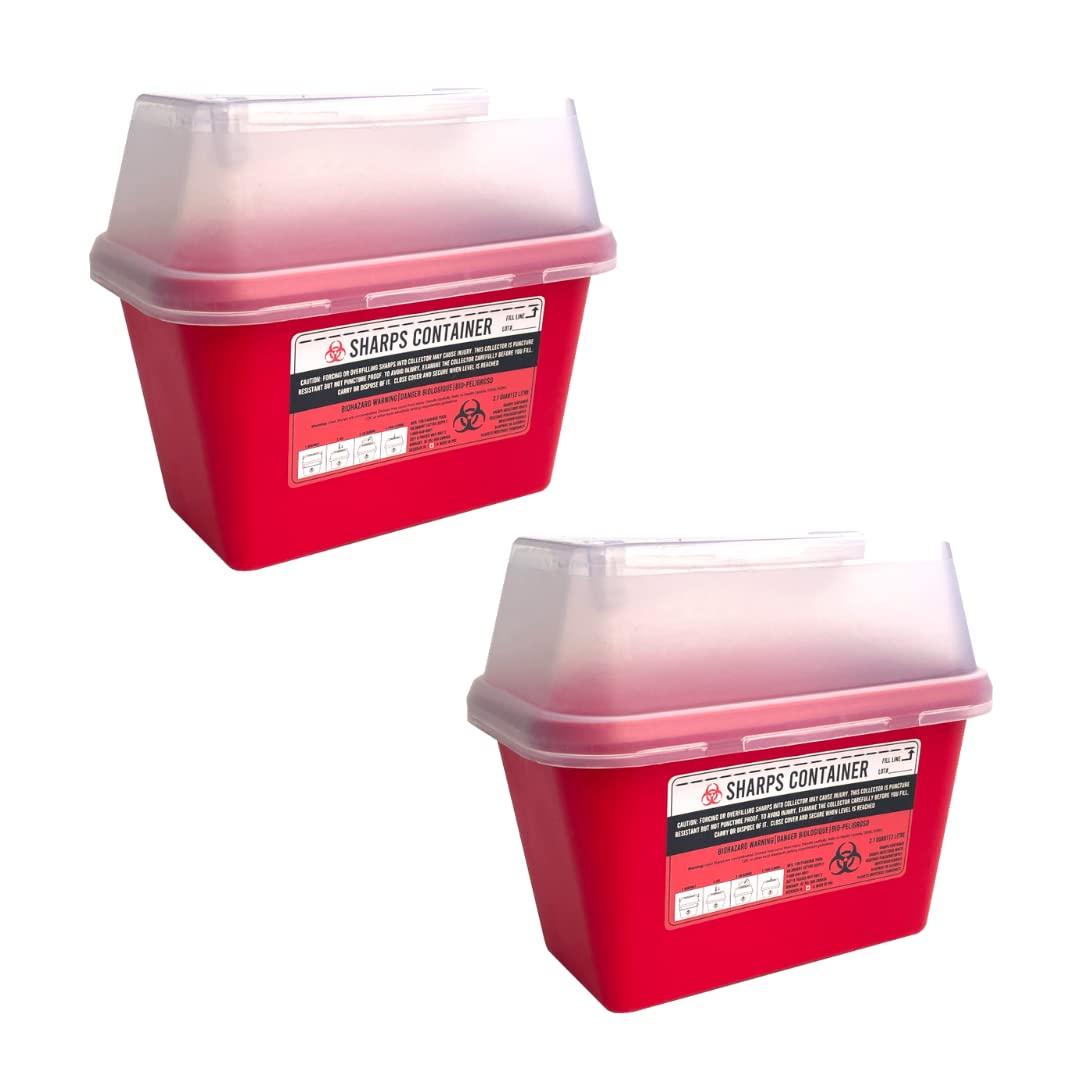 Professional & Home Use Sharps Container - 1 Quart or 2 Quart Needle & Syringe Disposal - Safe Medical Waste Disposal for Clinics, Hospitals & Diabetic Care (2-Pack 2 Quart/2 Liter)