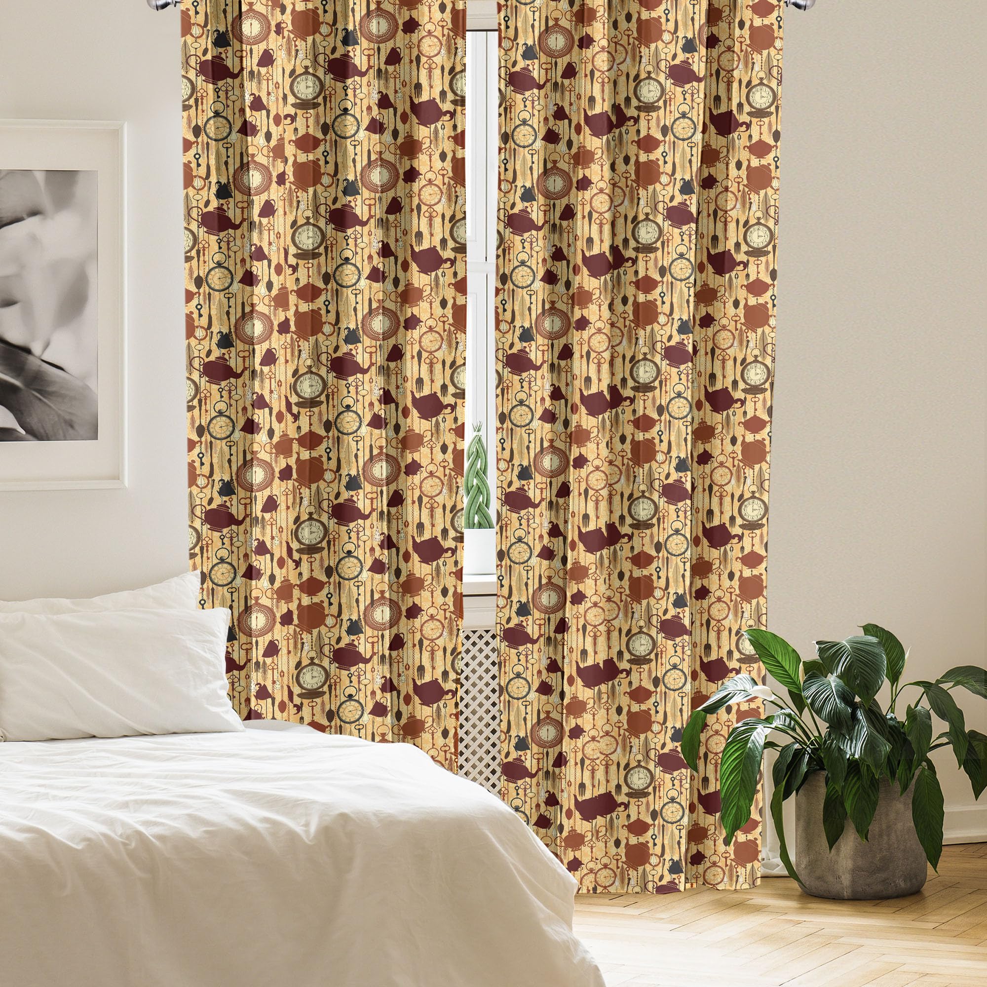 Ambesonne Victorian Style Tea Party Curtains - 2 Panel Set with Teacup, Forks & Spoons Print, 28