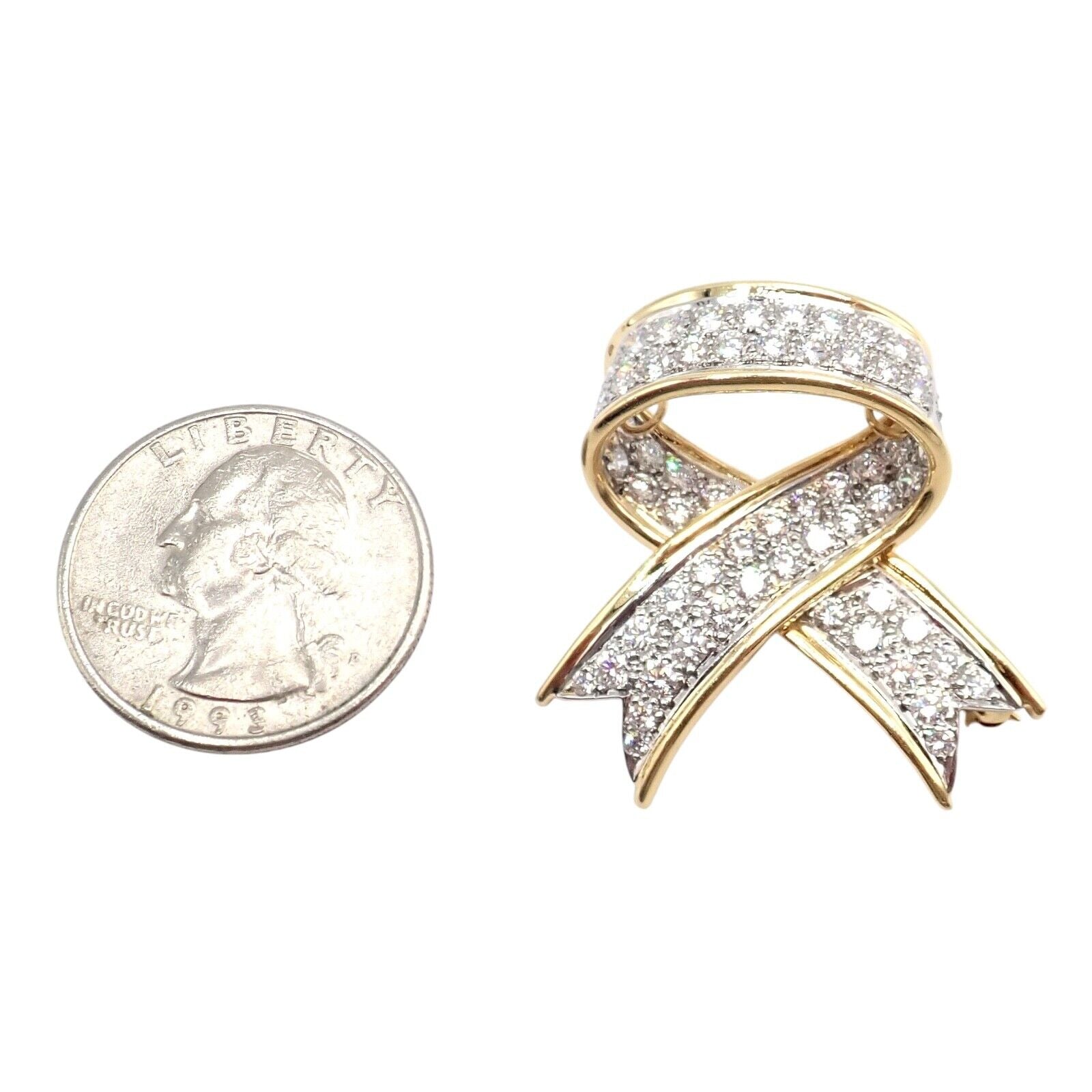 Vintage Tiffany & Co 18k Yellow Gold Platinum Diamond Ribbon Bow Pin Brooch - Elegant Jewelry for Women, Perfect for Weddings, Parties & Special Occasions