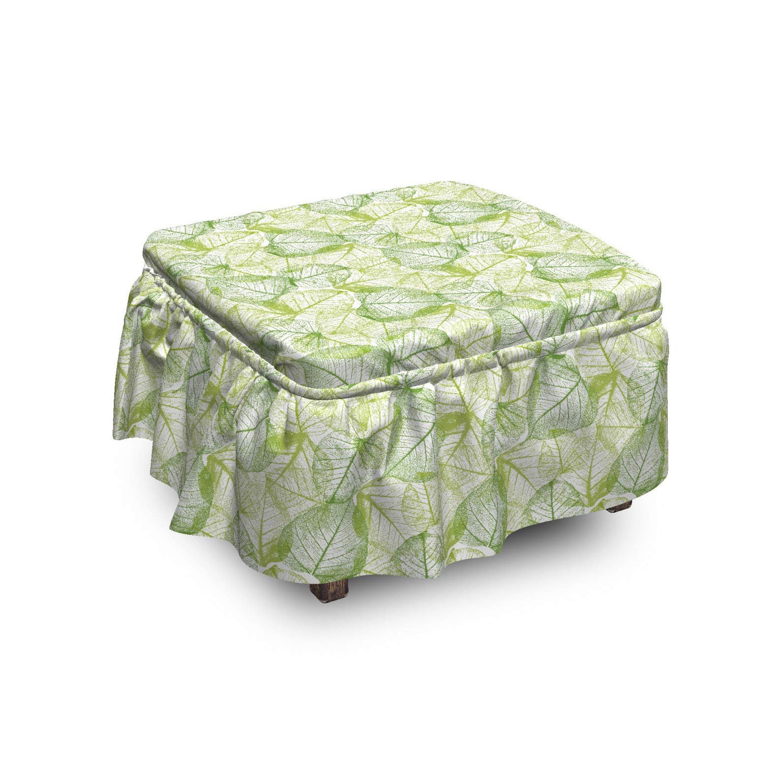 Ambesonne 2-Piece Ottoman Slipcover Set with Ruffle Skirt - Botanical Abstract Leaf Design in Lime & Apple Green - Fits Square, Round & Cube Footstools - Home Decor Accent for Living Room, Bedroom & Nursery