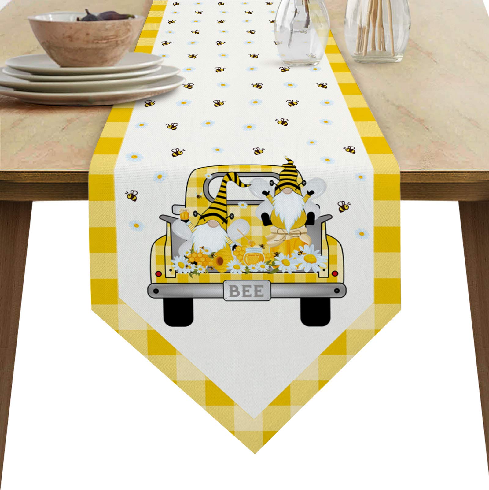 Gnome Honey Bee Table Runner - 14x72 Inch Cotton Linen Table Cover for Dinner, Kitchen, Wedding, Holiday Party & Banquet Decor - Farmhouse Daisy Yellow Truck Design - Perfect for Farmhouse, Rustic & Vintage Table Settings