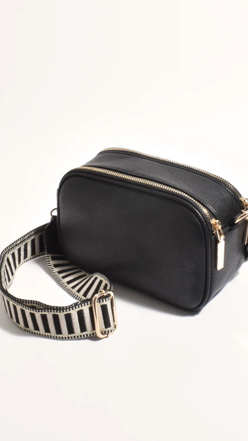 Bella Striped Webbing Camera Bag - Black | Stylish DSLR/SLR Camera Case for Photographers | Perfect for Travel, Hiking & Outdoor Photography
