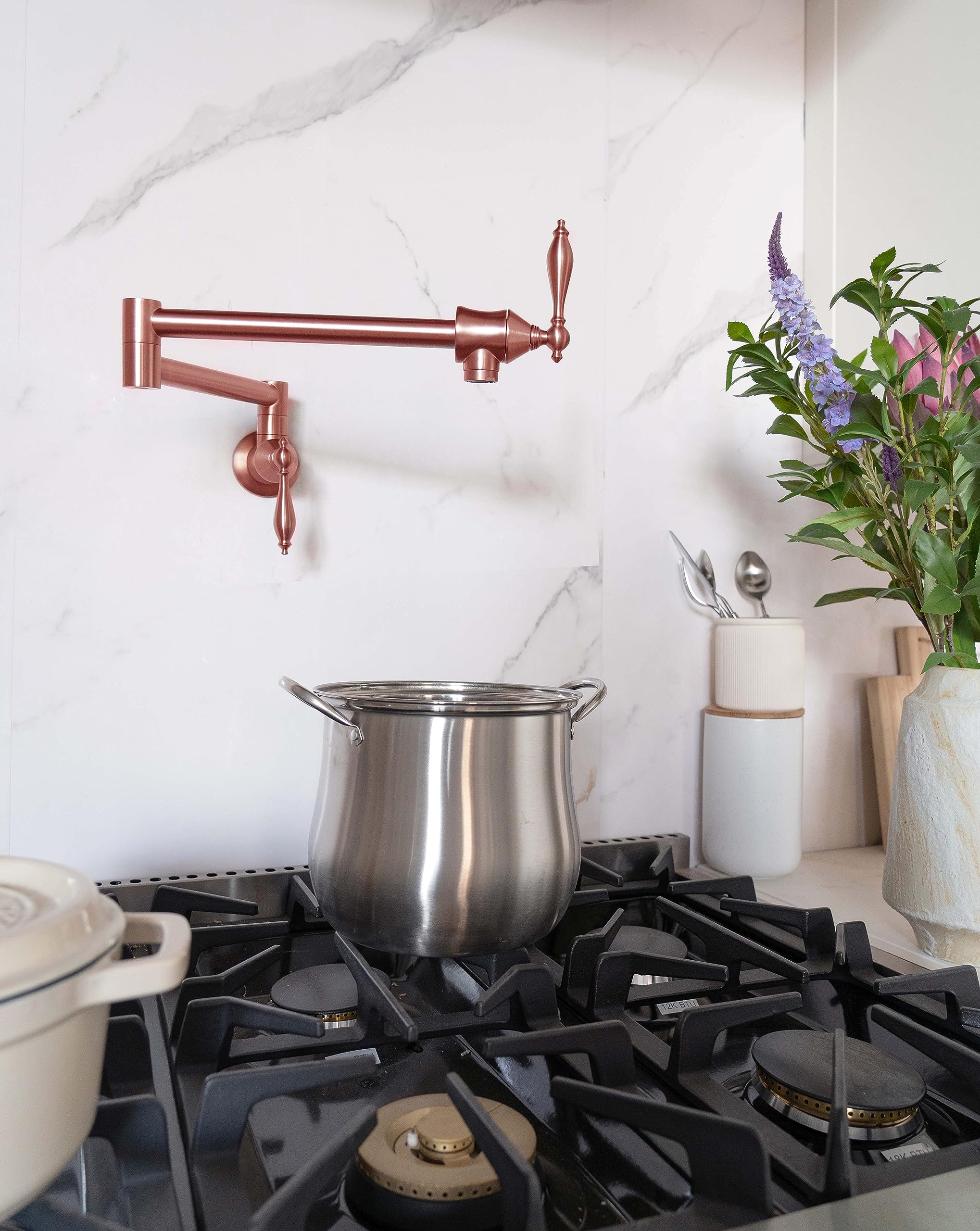 SINDA Wall Mount Pot Filler Kitchen Faucet - Solid Brass Swing Arm Folding Faucet with Double Joint & Two Handles, Brushed Copper Finish - Perfect for Filling Large Pots & Pans in Commercial Kitchens & Home Cooking Stations