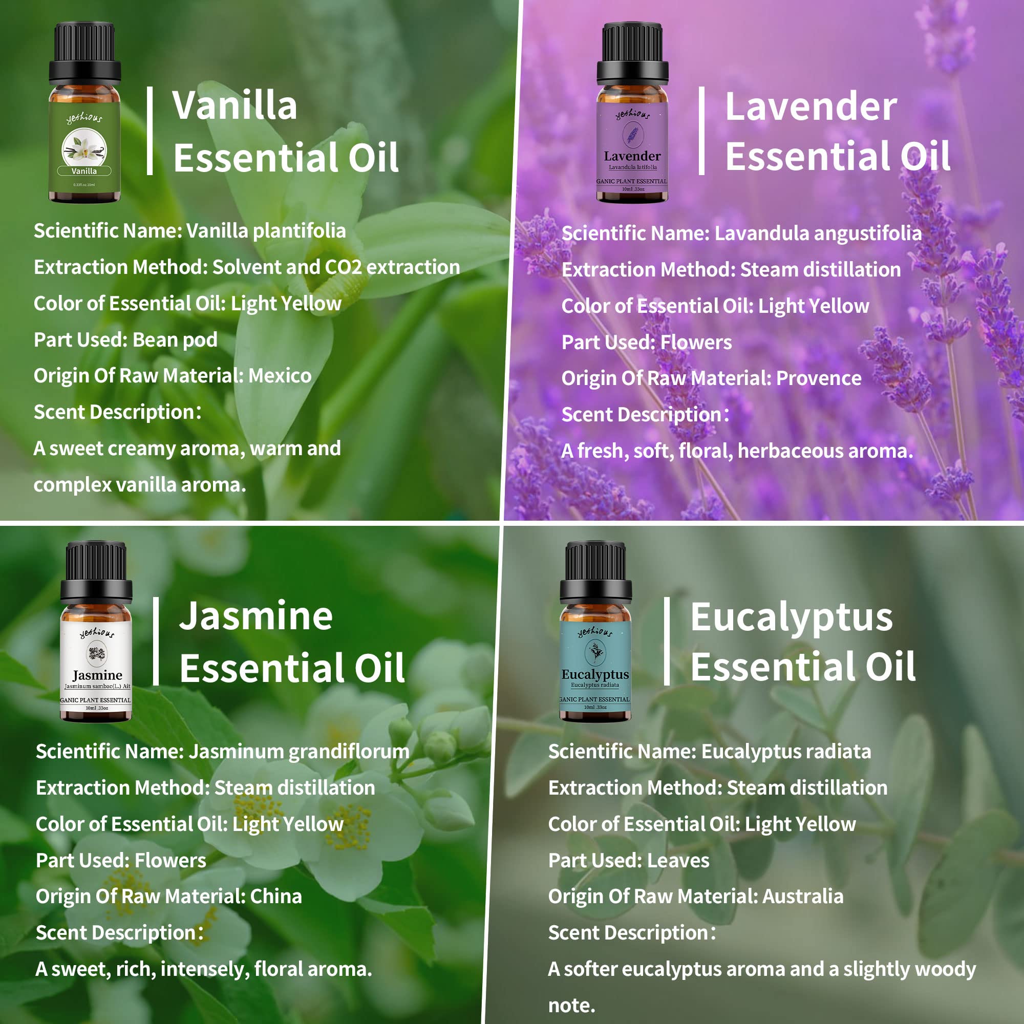 Yethious 4 Pack Essential Oil Set - Lavender, Jasmine, Vanilla & Eucalyptus for Aromatherapy, Diffusers, Soap & Candle Making - Relaxing & Refreshing Scents for Home, Spa & Office Use